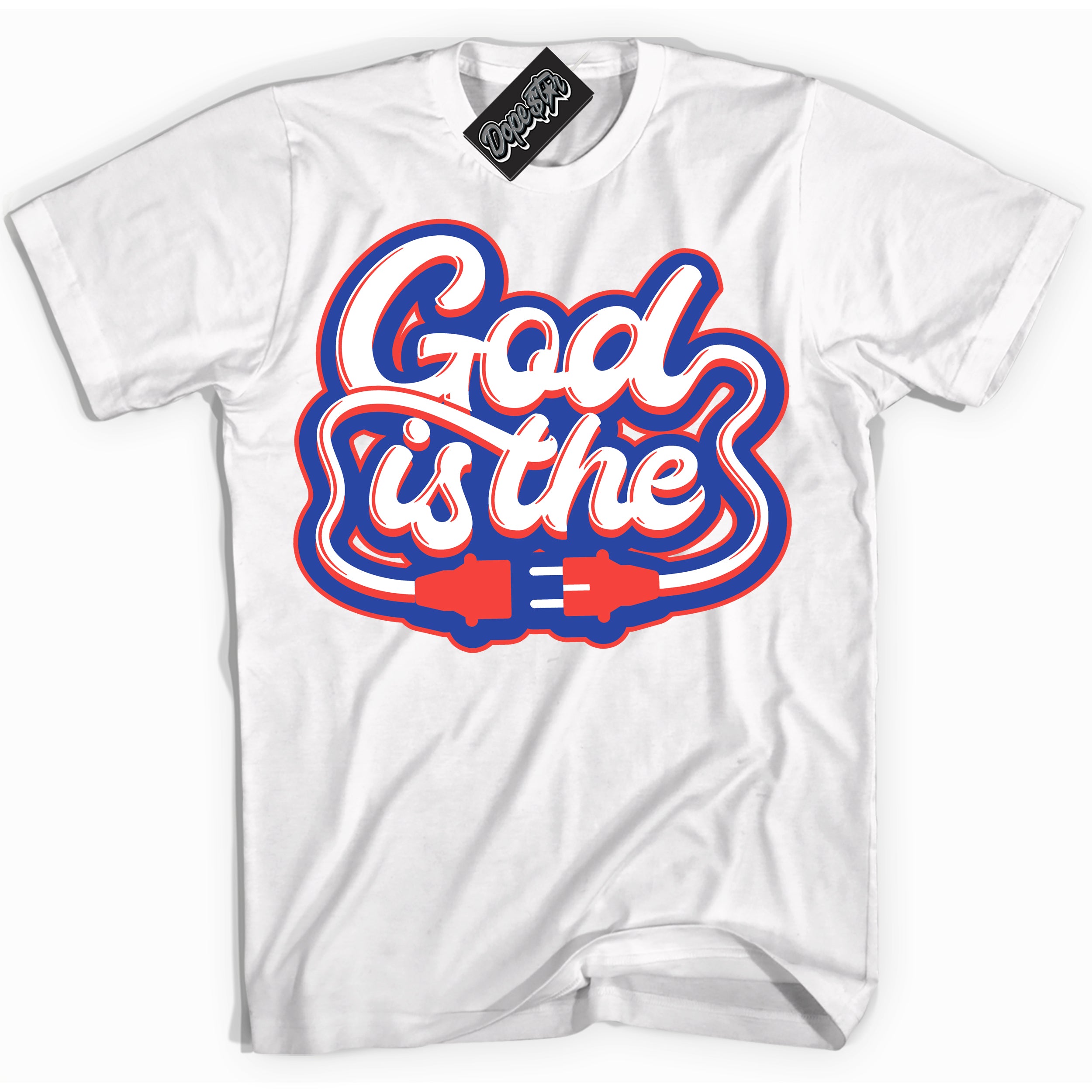 Cool White Shirt with “ God Is The ” design that perfectly matches Ultramarine 180s Sneakers.