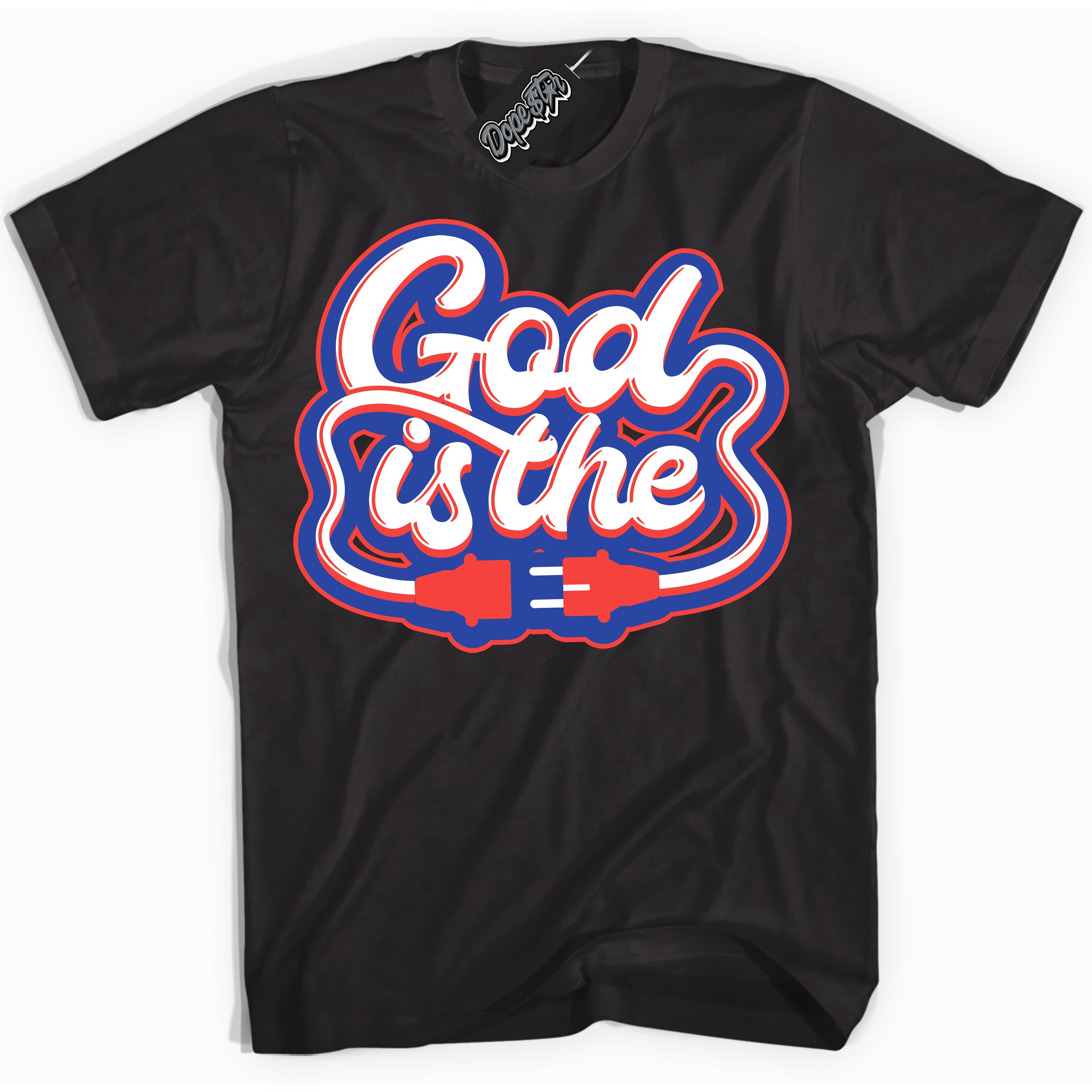 Cool Black Shirt with “ God Is The ” design that perfectly matches Ultramarine 180s Sneakers.