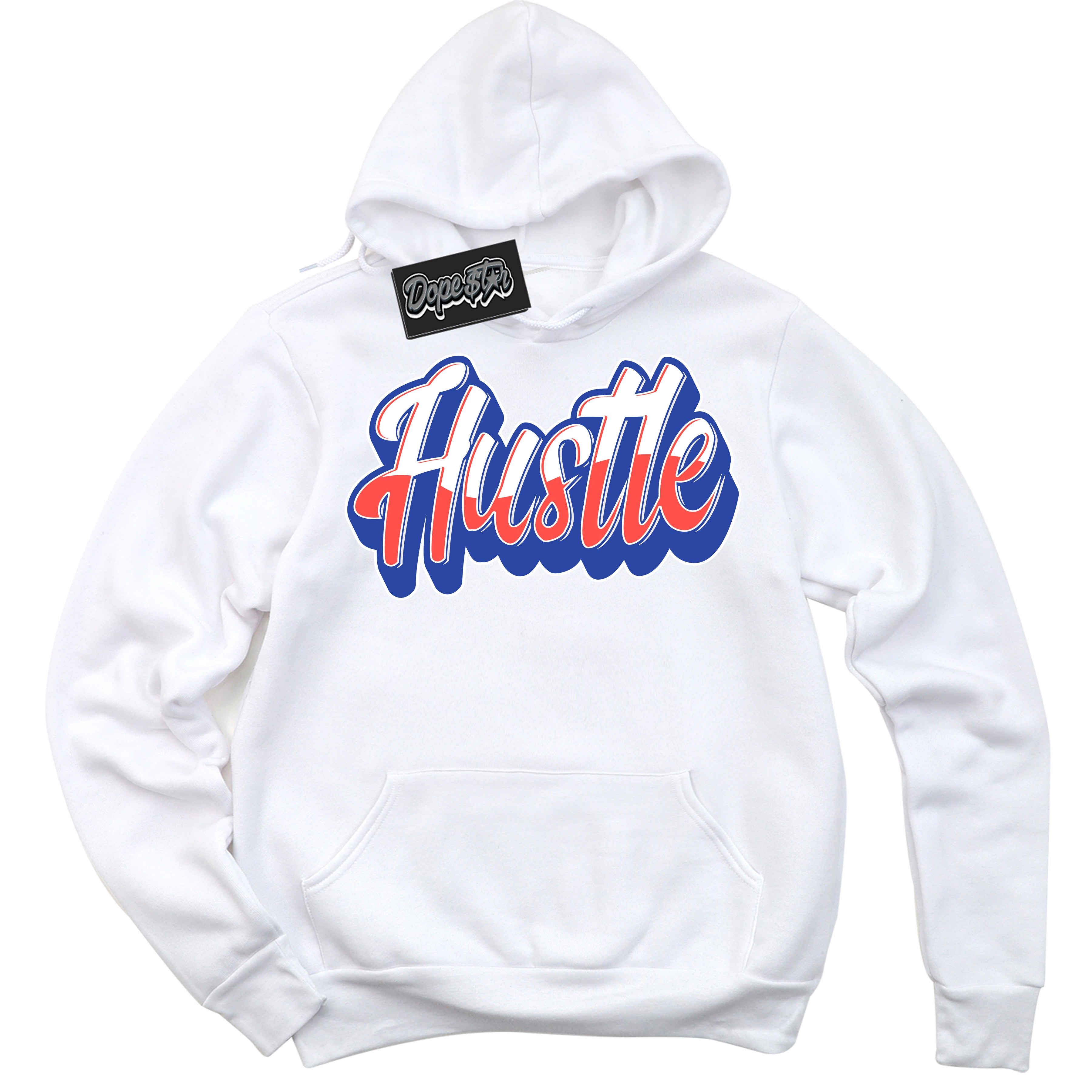 Cool White Hoodie with “ Hustle '' design that Perfectly Matches  Ultramarine 180s Sneakers.