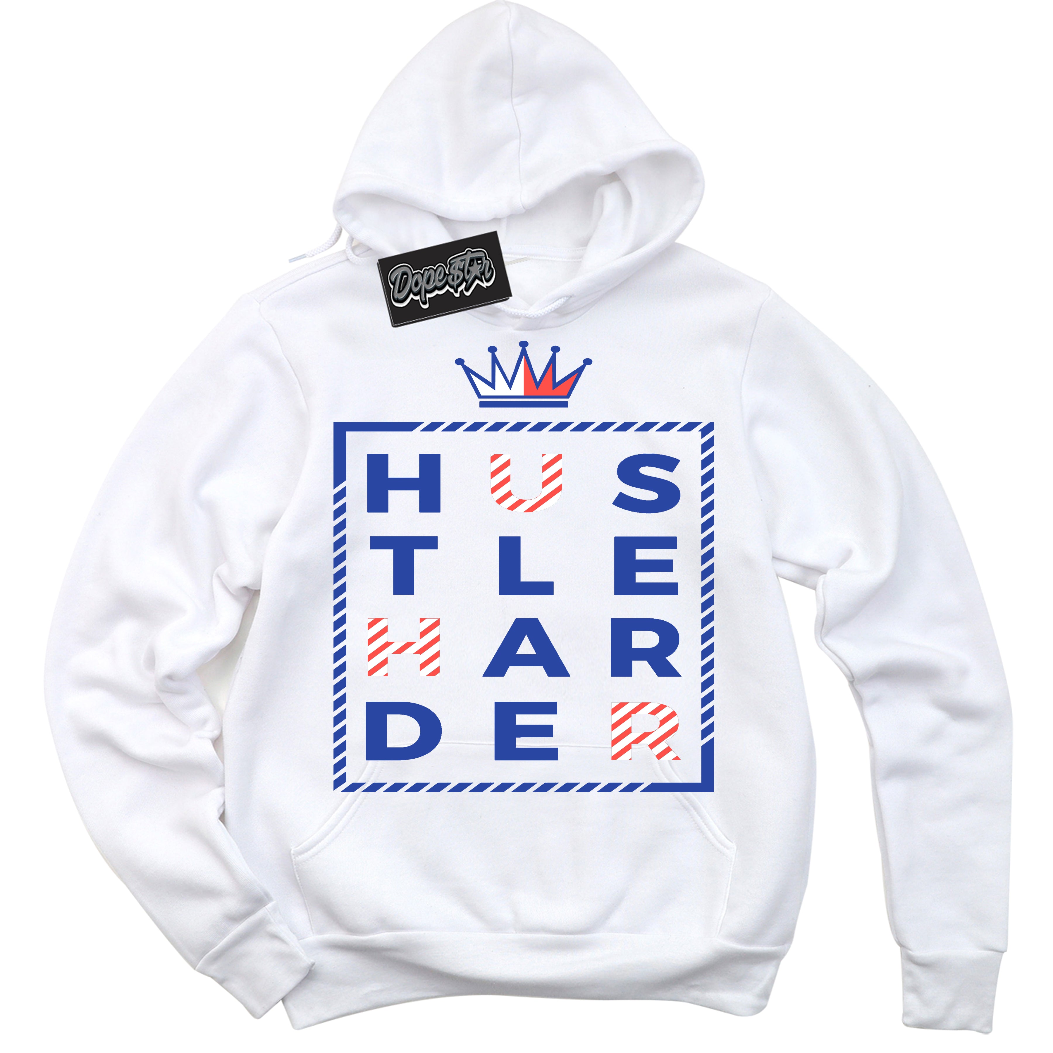 Cool White Hoodie with “ Hustle Harder '' design that Perfectly Matches  Ultramarine 180s Sneakers.