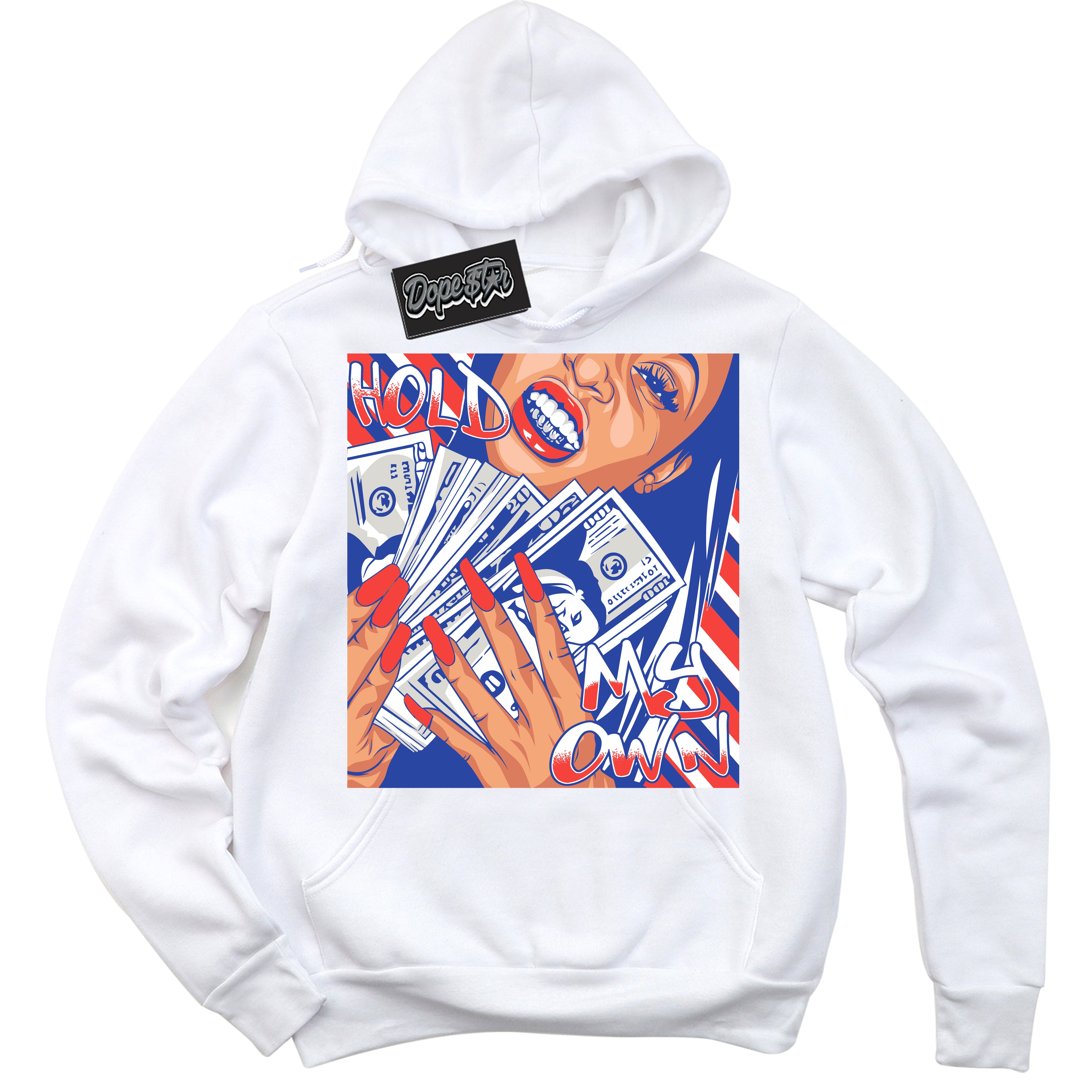 Cool White Hoodie with “ Hold My Own '' design that Perfectly Matches  Ultramarine 180s Sneakers.