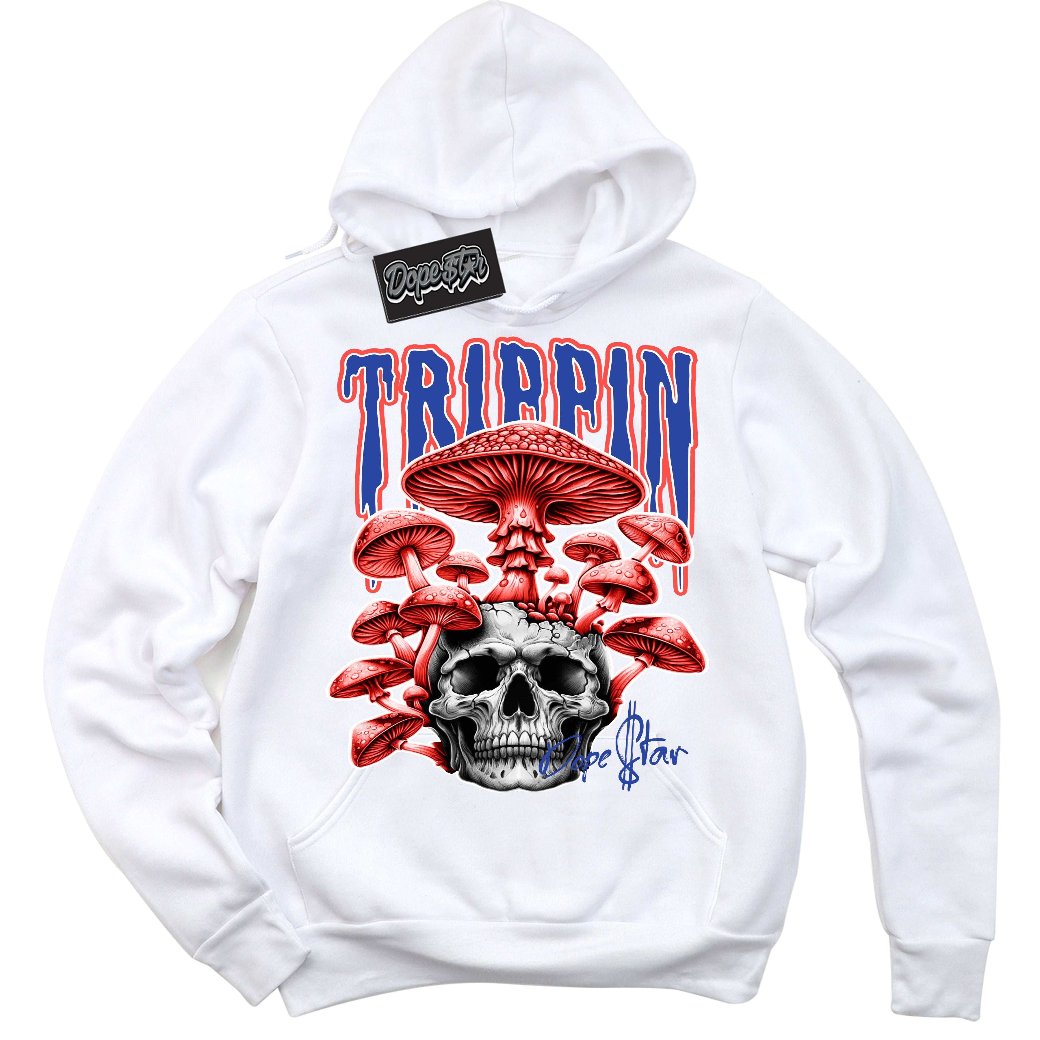 Cool White Hoodie with “Trippin” design that Perfectly Matches Ultramarine 180s Sneakers.