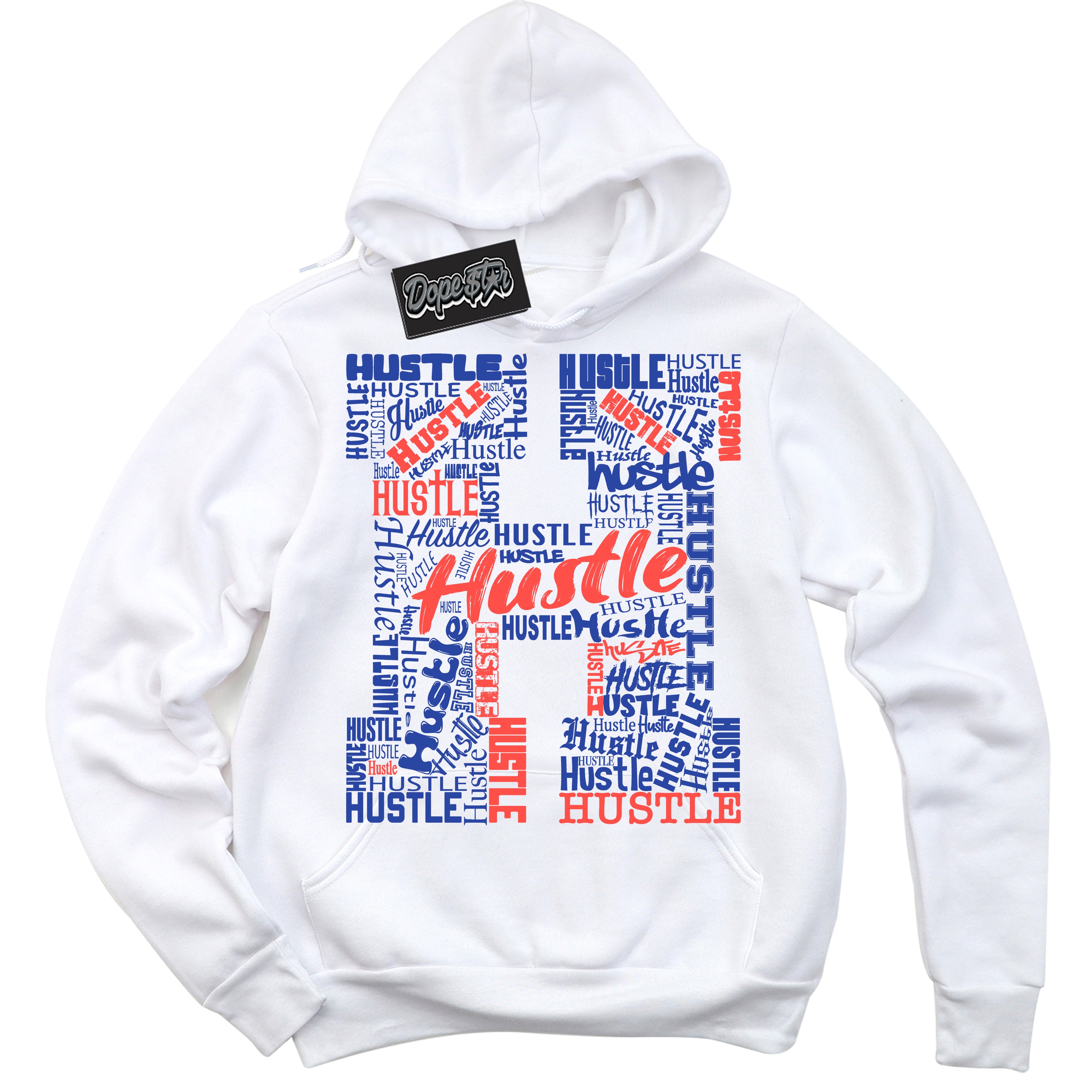 Cool White Hoodie with “ Hustle H '' design that Perfectly Matches  Ultramarine 180s Sneakers.