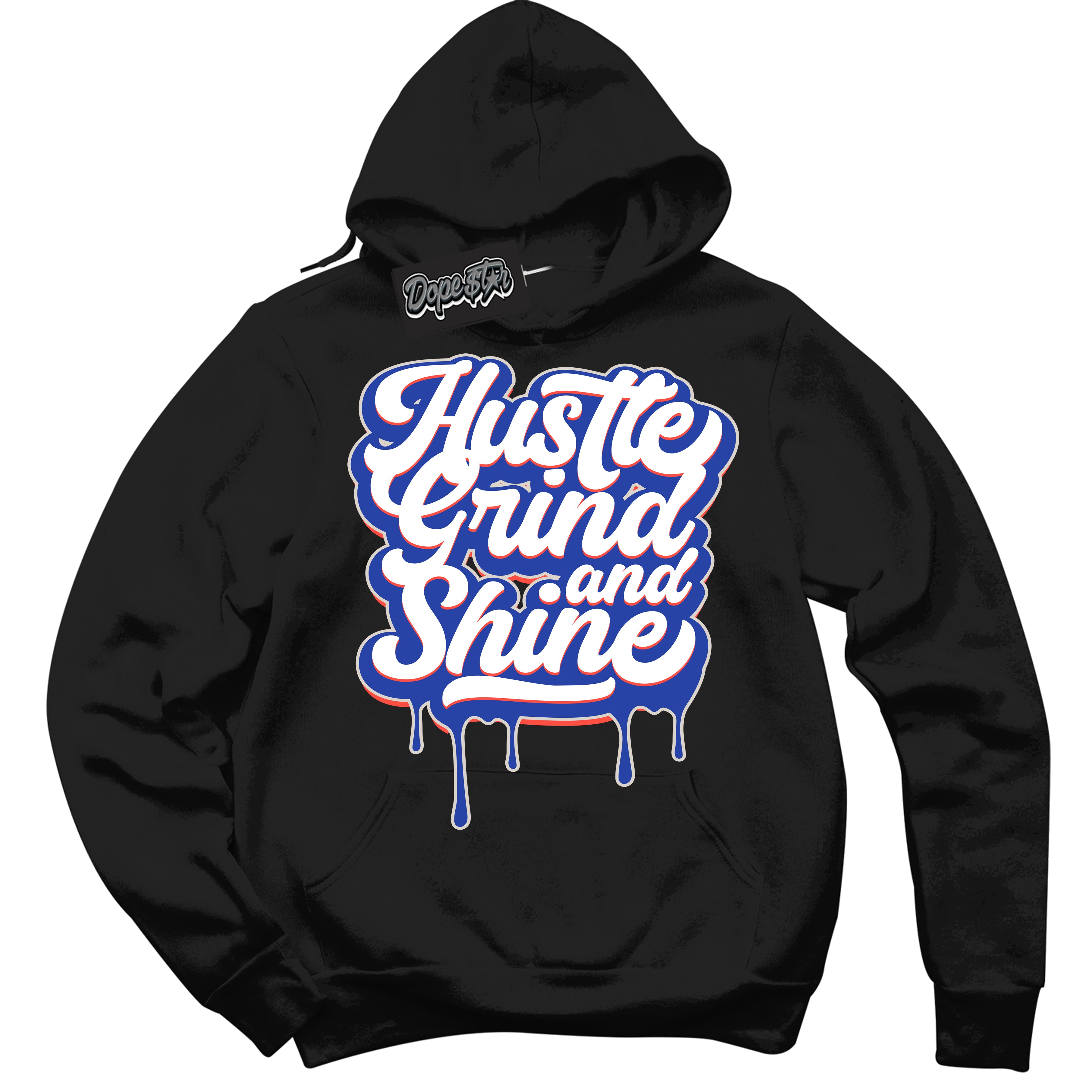 Cool Black Hoodie with “ Hustle Grind And Shine '' design that Perfectly Matches  Ultramarine 180s Sneakers.