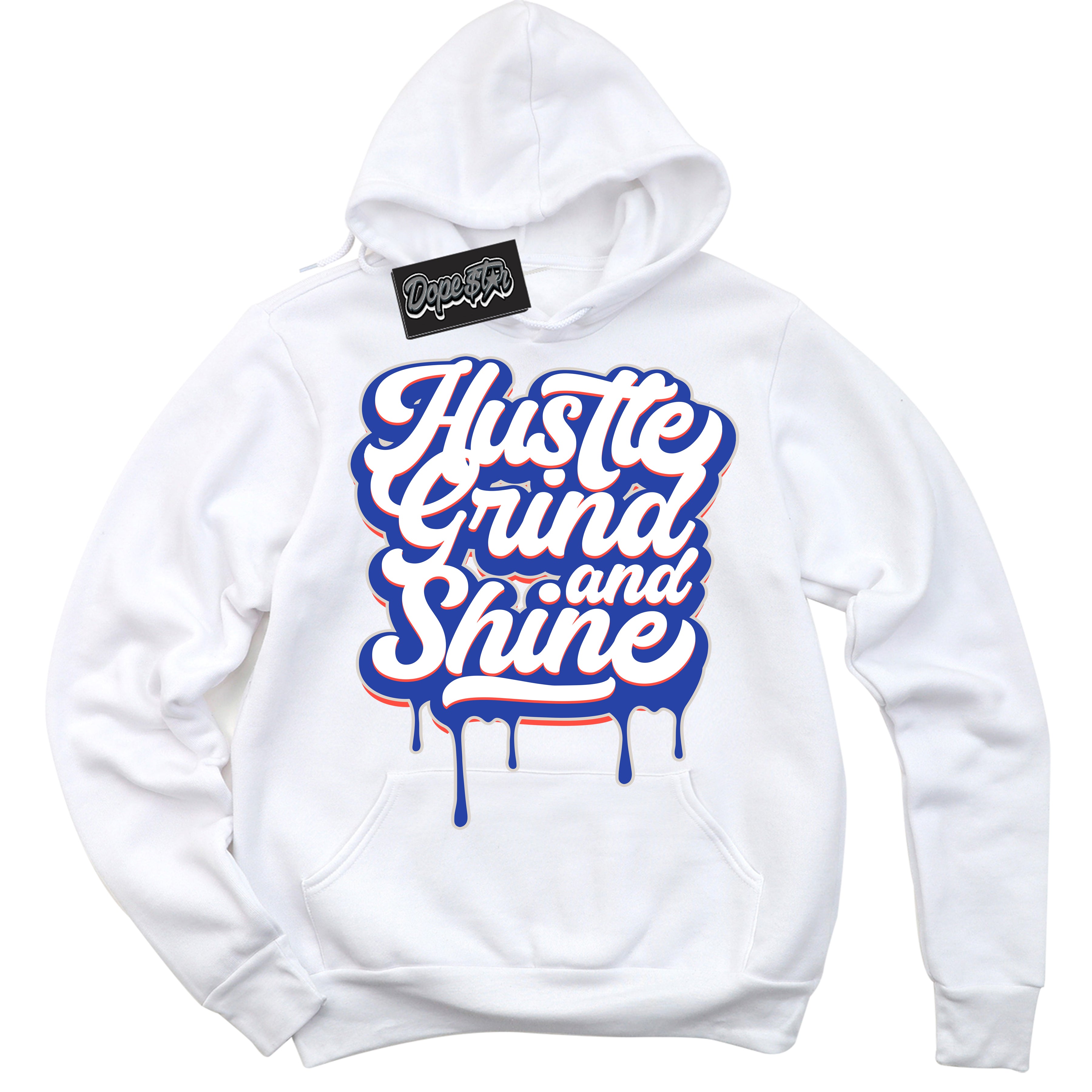 Cool White Hoodie with “ Hustle Grind And Shine '' design that Perfectly Matches  Ultramarine 180s Sneakers.