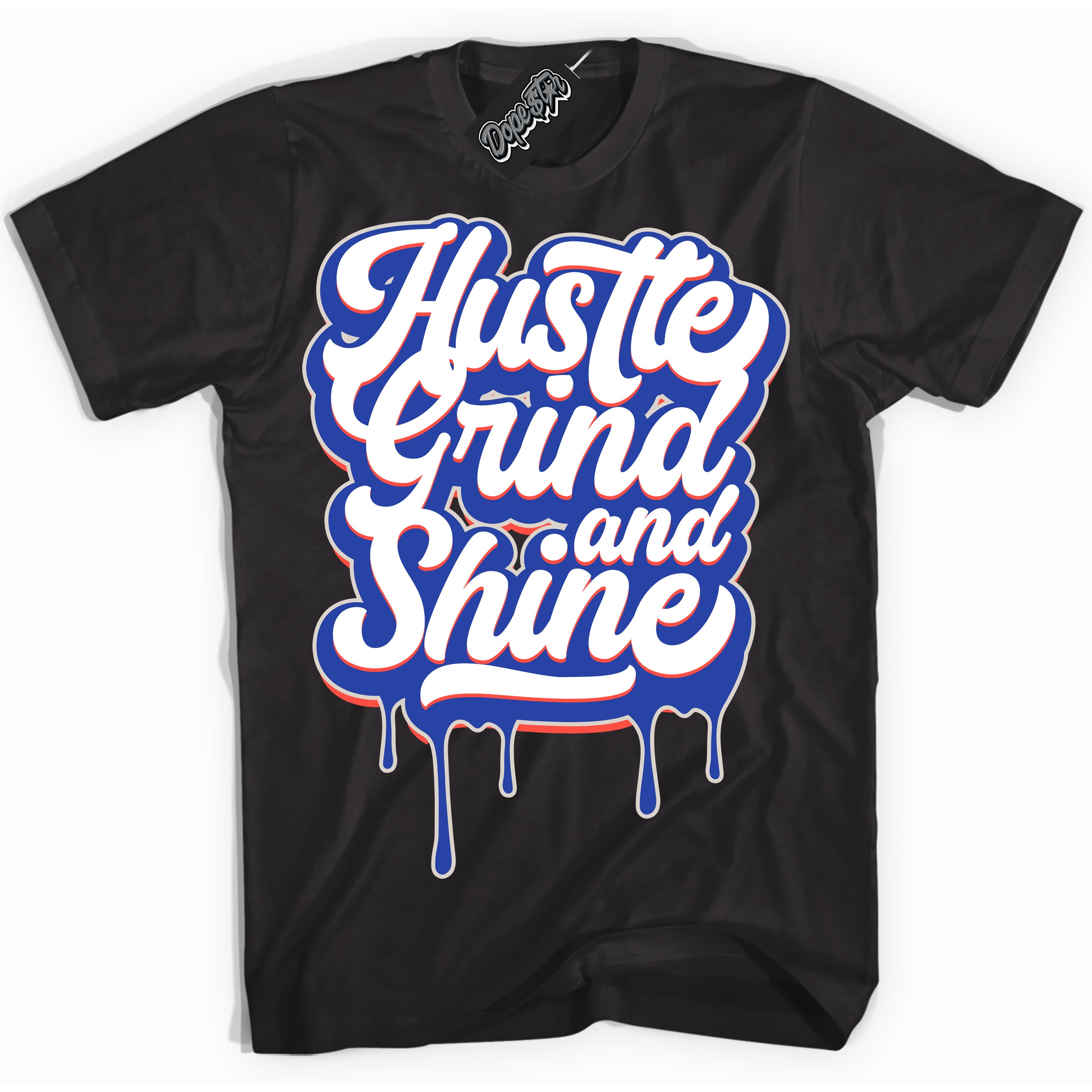 Cool Black Shirt with “ Hustle Grind And Shine ” design that perfectly matches Ultramarine 180s Sneakers.