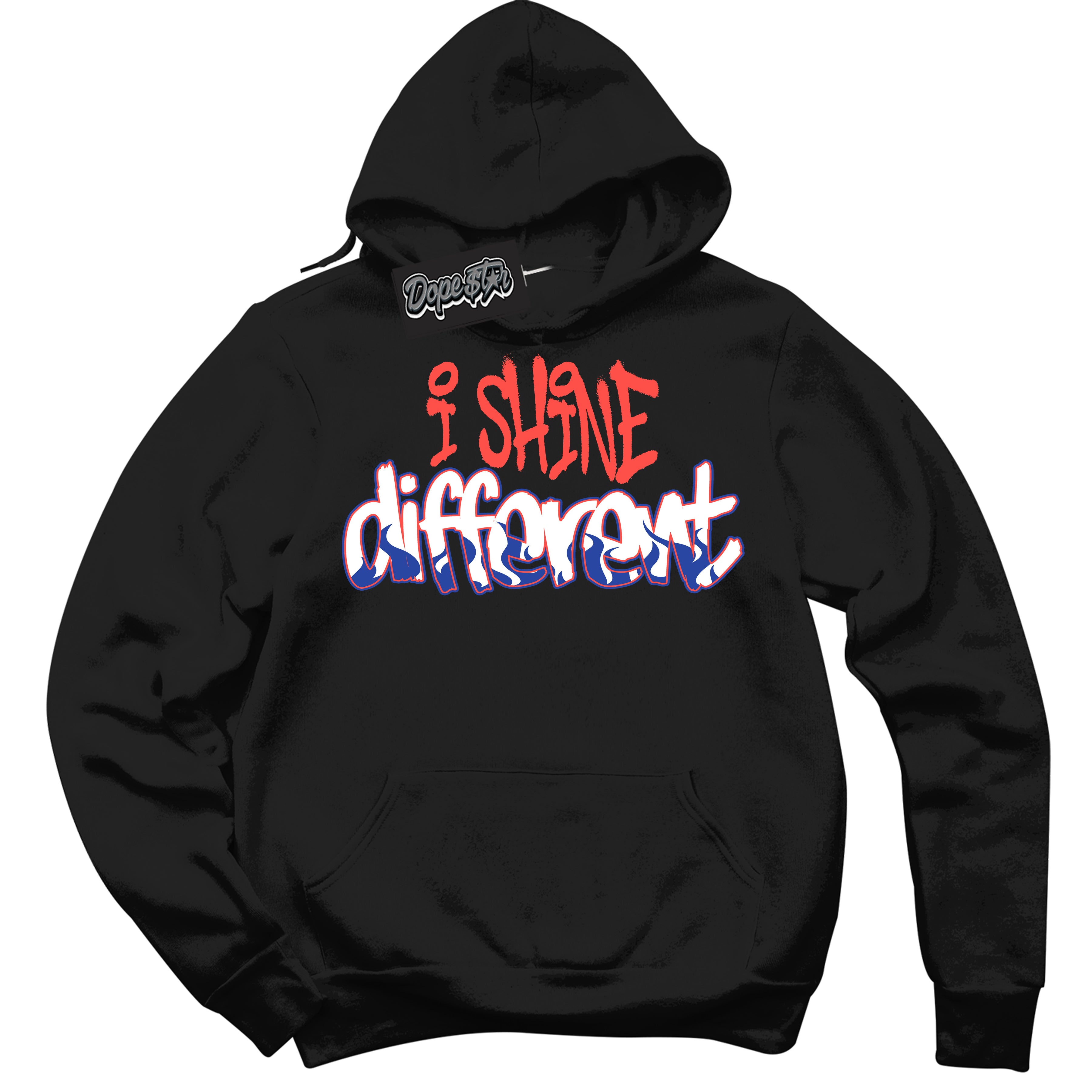 Cool Black Hoodie with “ I Shine Different '' design that Perfectly Matches  Ultramarine 180s Sneakers.