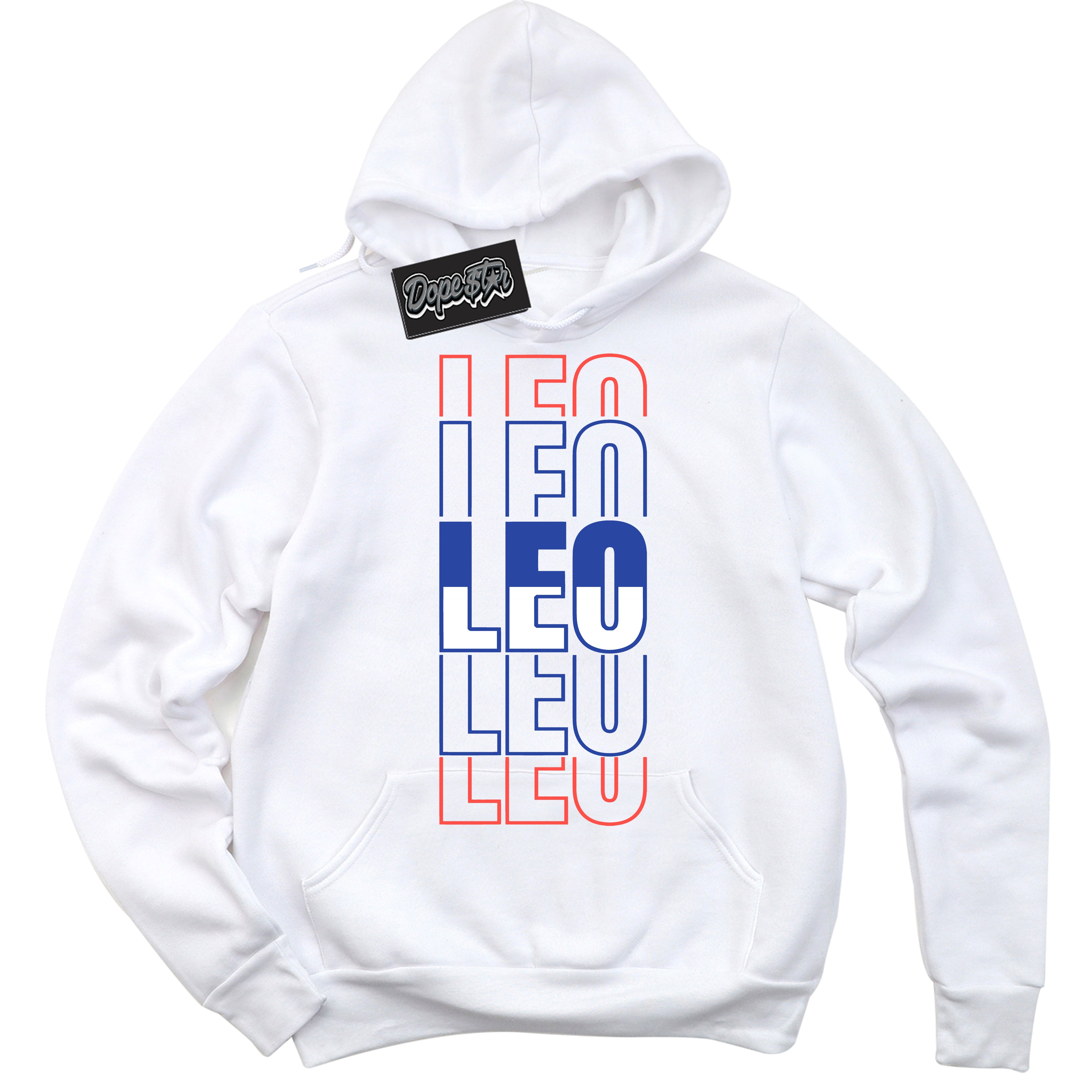 Cool White Hoodie with “ Leo '' design that Perfectly Matches  Ultramarine 180s Sneakers.