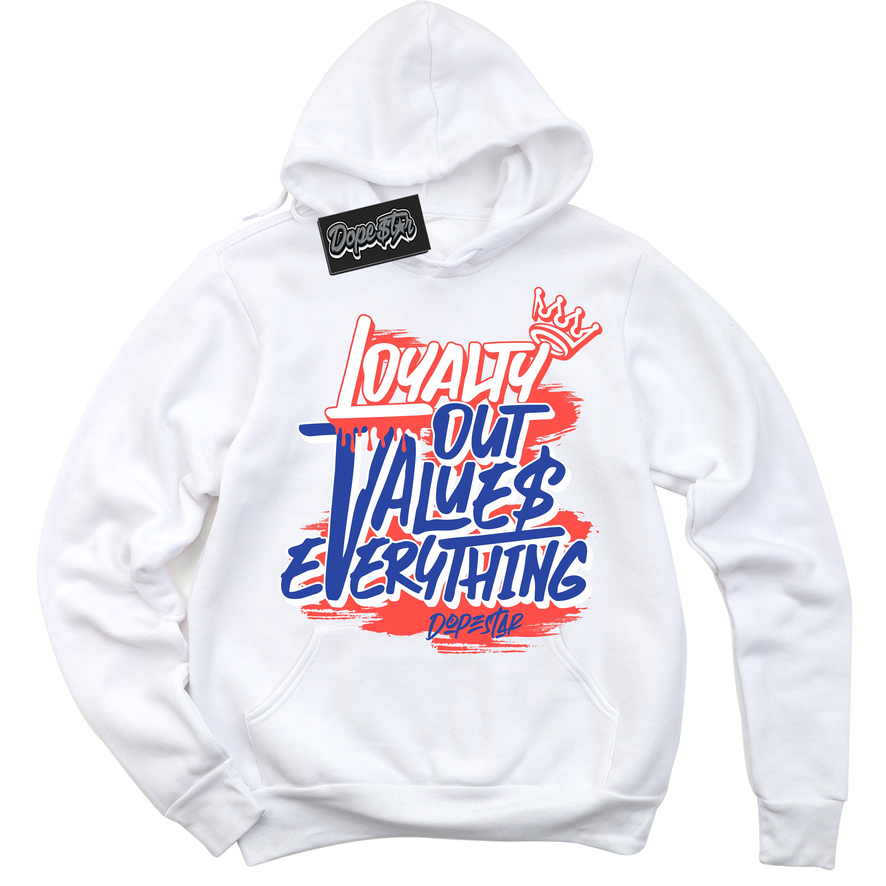 Cool White Hoodie with “ Loyalty Out Values Everything '' design that Perfectly Matches  Ultramarine 180s Sneakers.