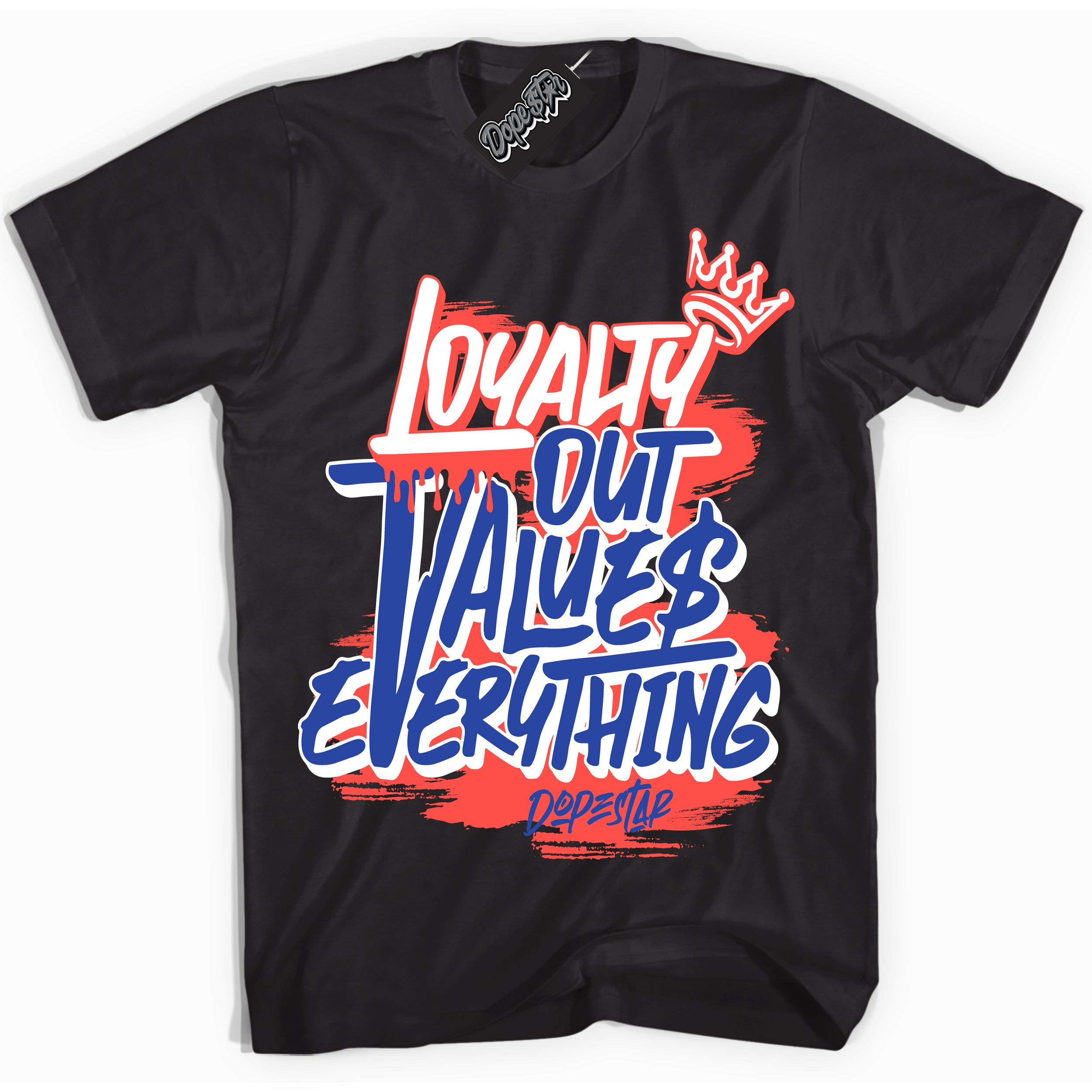 Cool Black Shirt with “ Loyalty Out Values Everything ” design that perfectly matches Ultramarine 180s Sneakers.