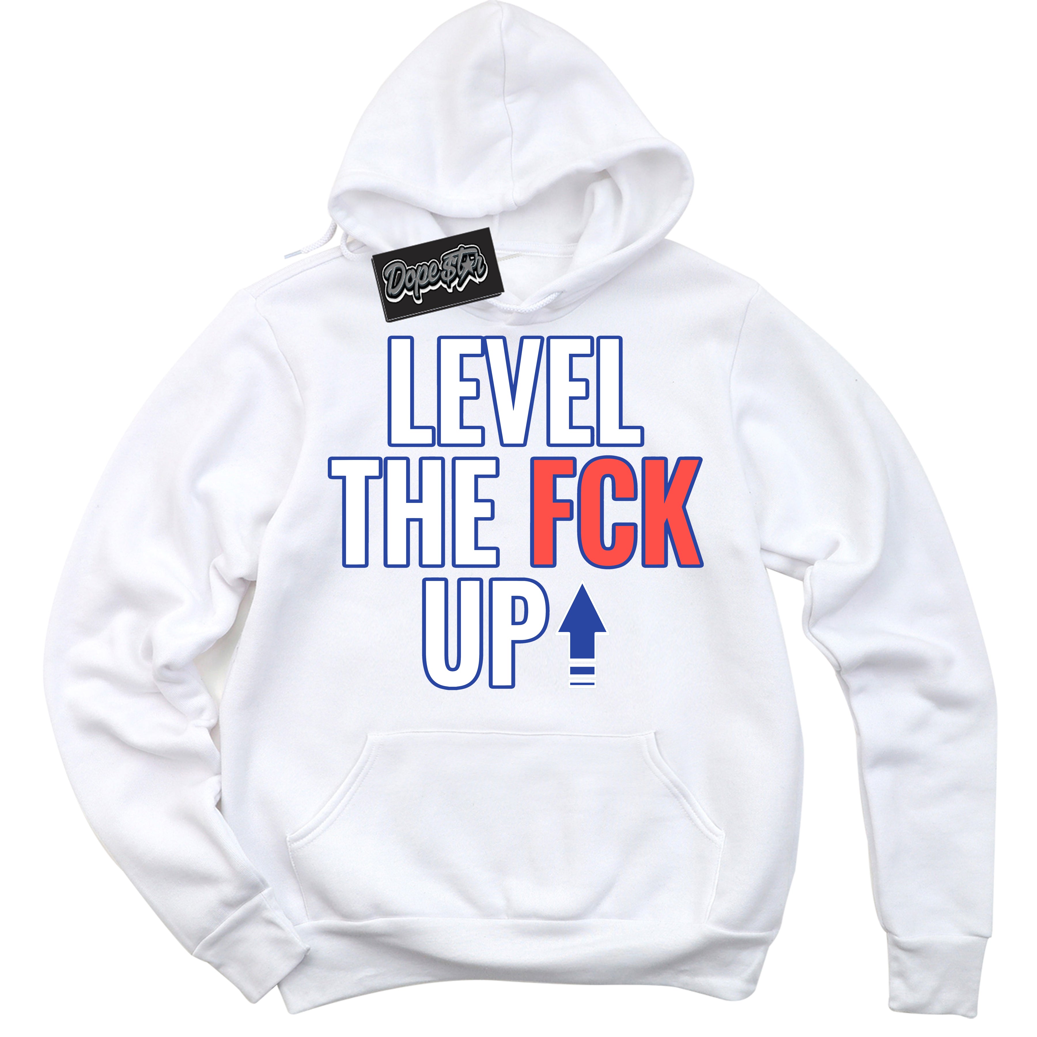 Cool White Hoodie with “ Level The Fck Up '' design that Perfectly Matches  Ultramarine 180s Sneakers.