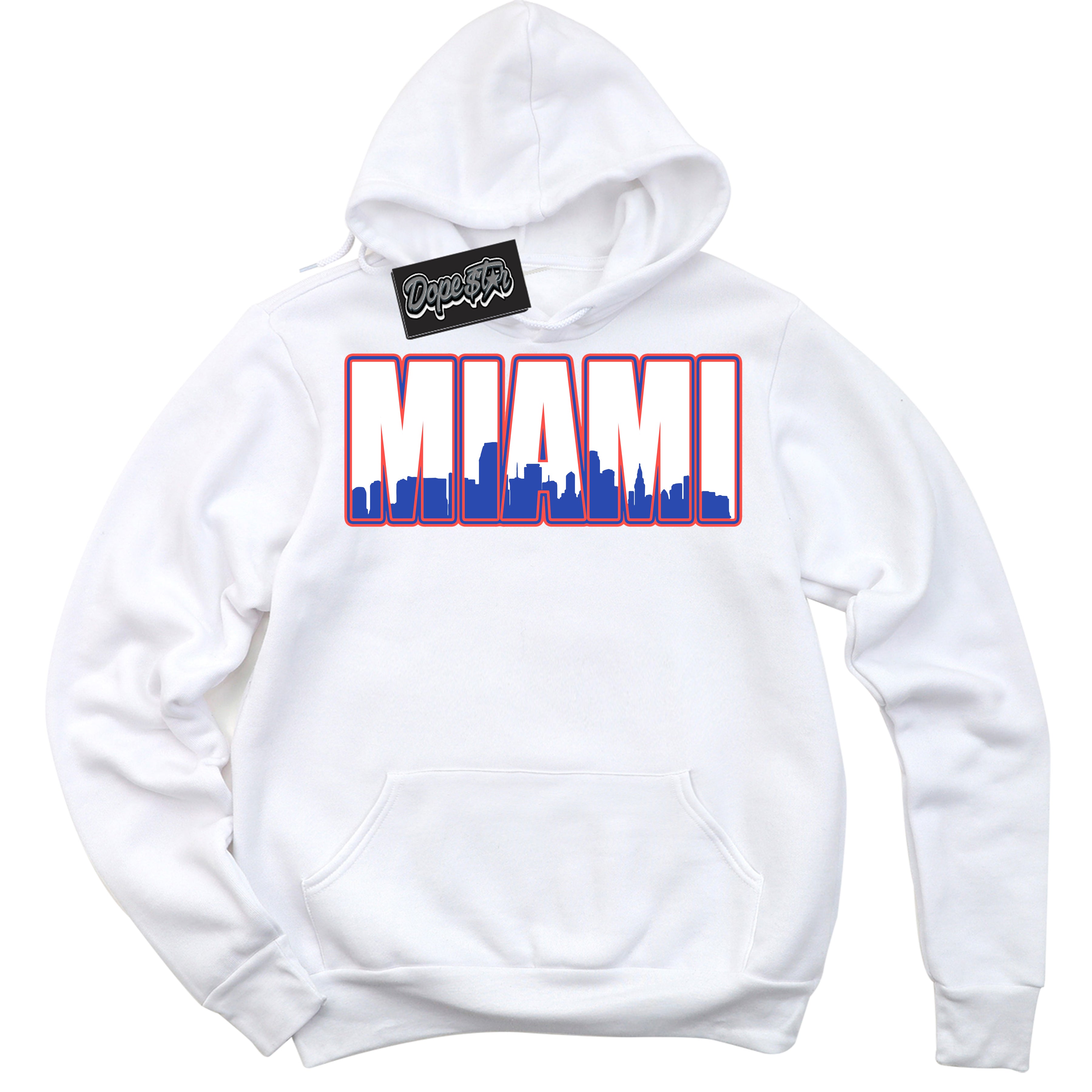 Cool White Hoodie with “ Miami '' design that Perfectly Matches  Ultramarine 180s Sneakers.