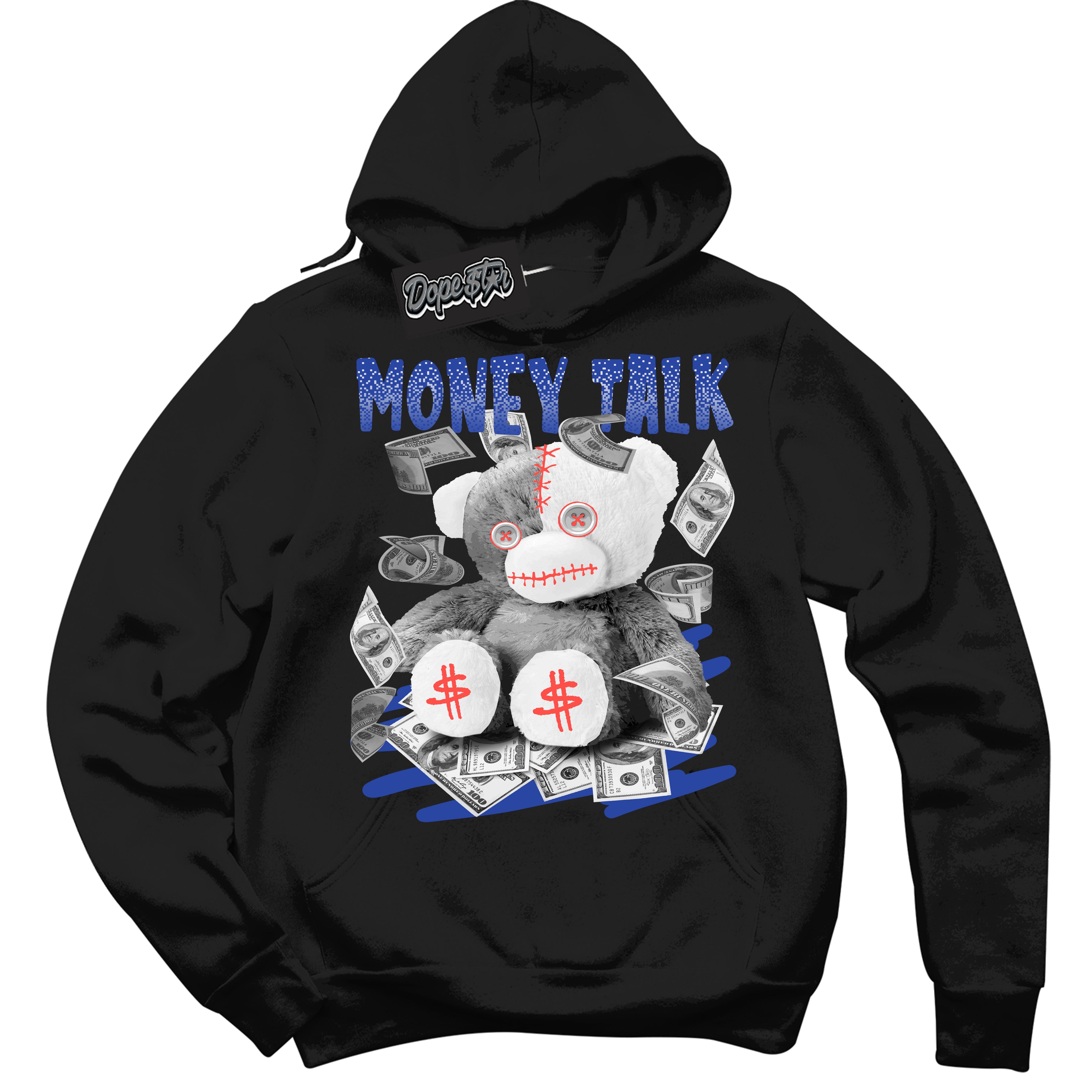 Cool Black Hoodie with “ Money Talk Bear '' design that Perfectly Matches  Ultramarine 180s Sneakers.