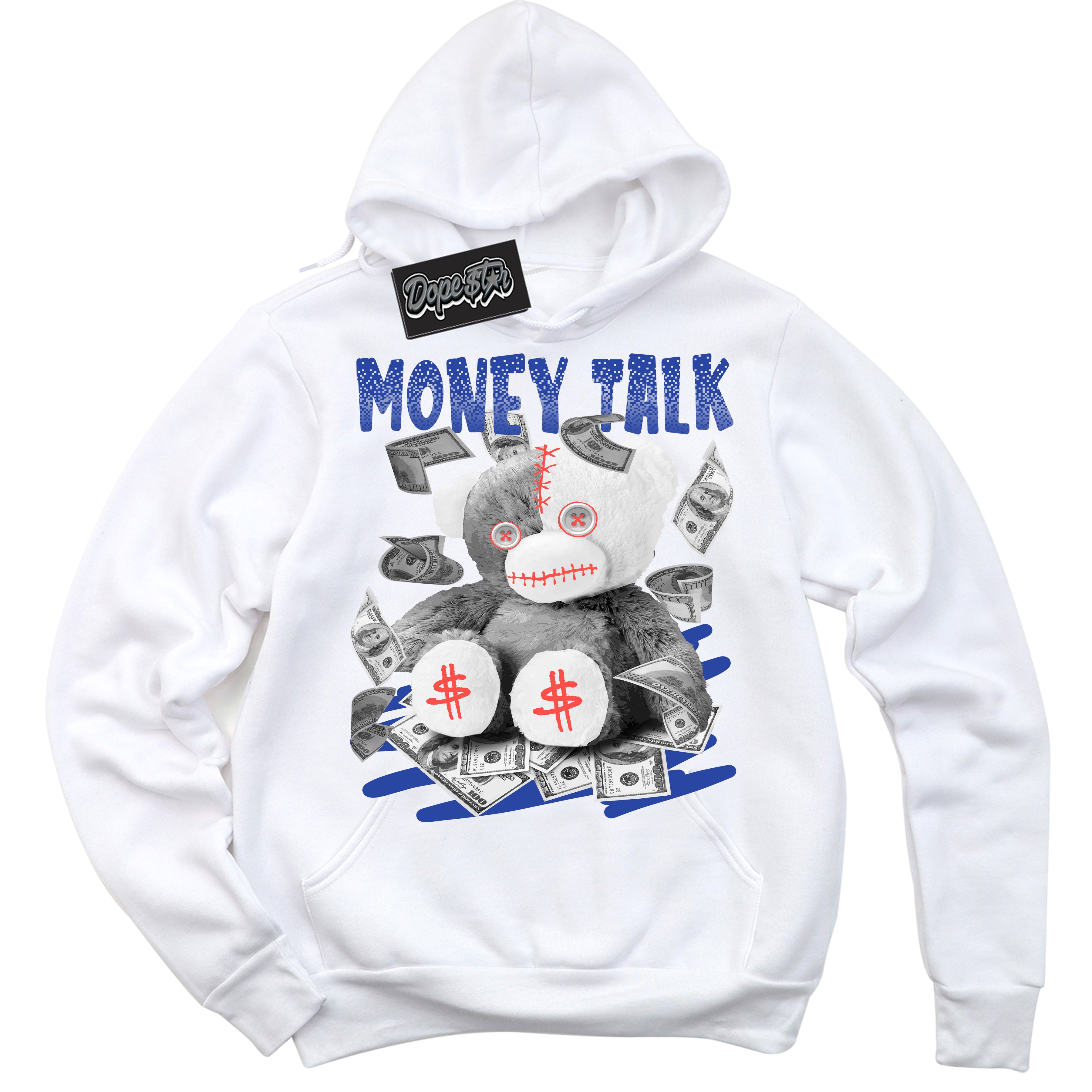 Cool White Hoodie with “ Money Talk Bear '' design that Perfectly Matches  Ultramarine 180s Sneakers.