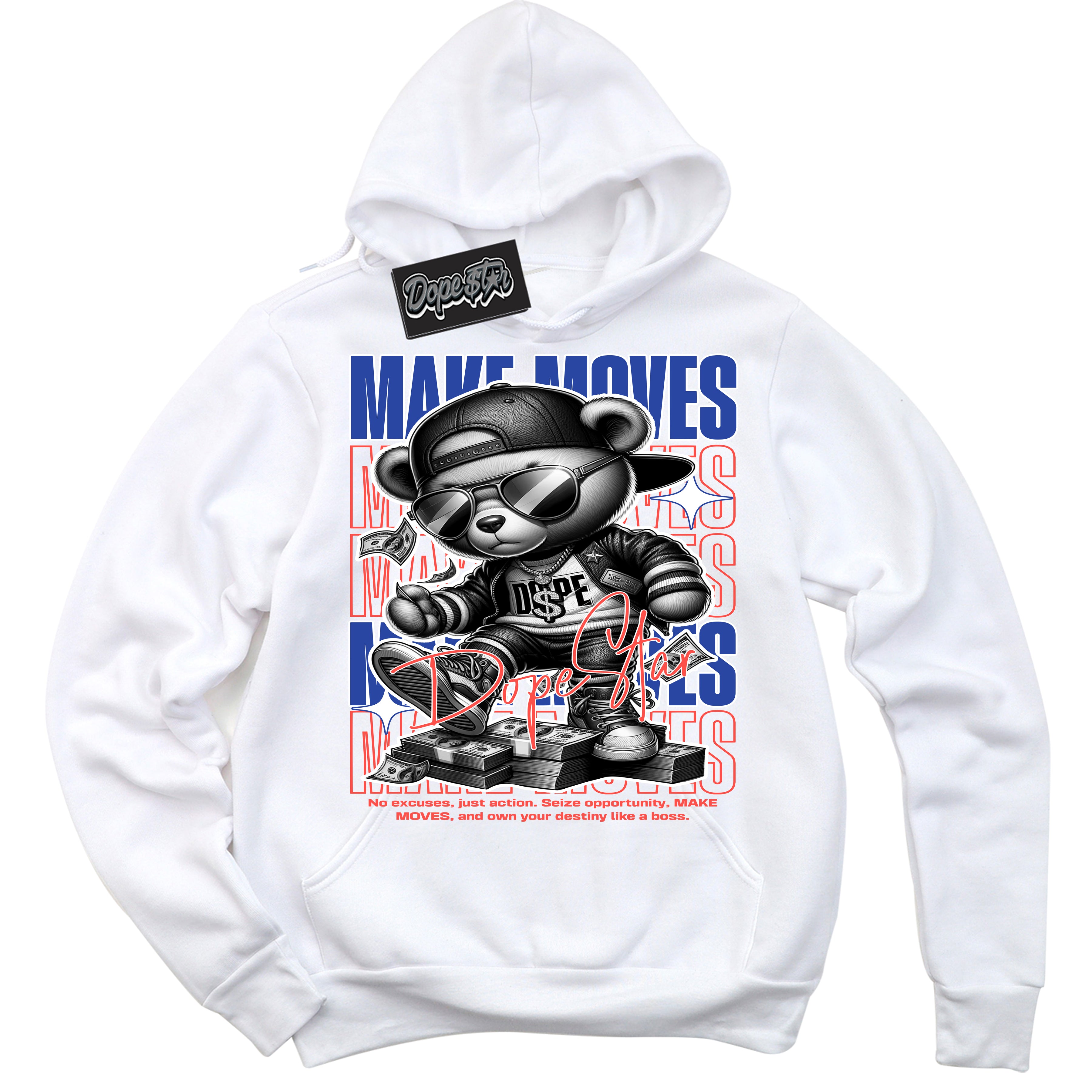 Cool White Hoodie with “ Makin Moves ”  design that Perfectly Matches Ultramarine 180s Sneakers.