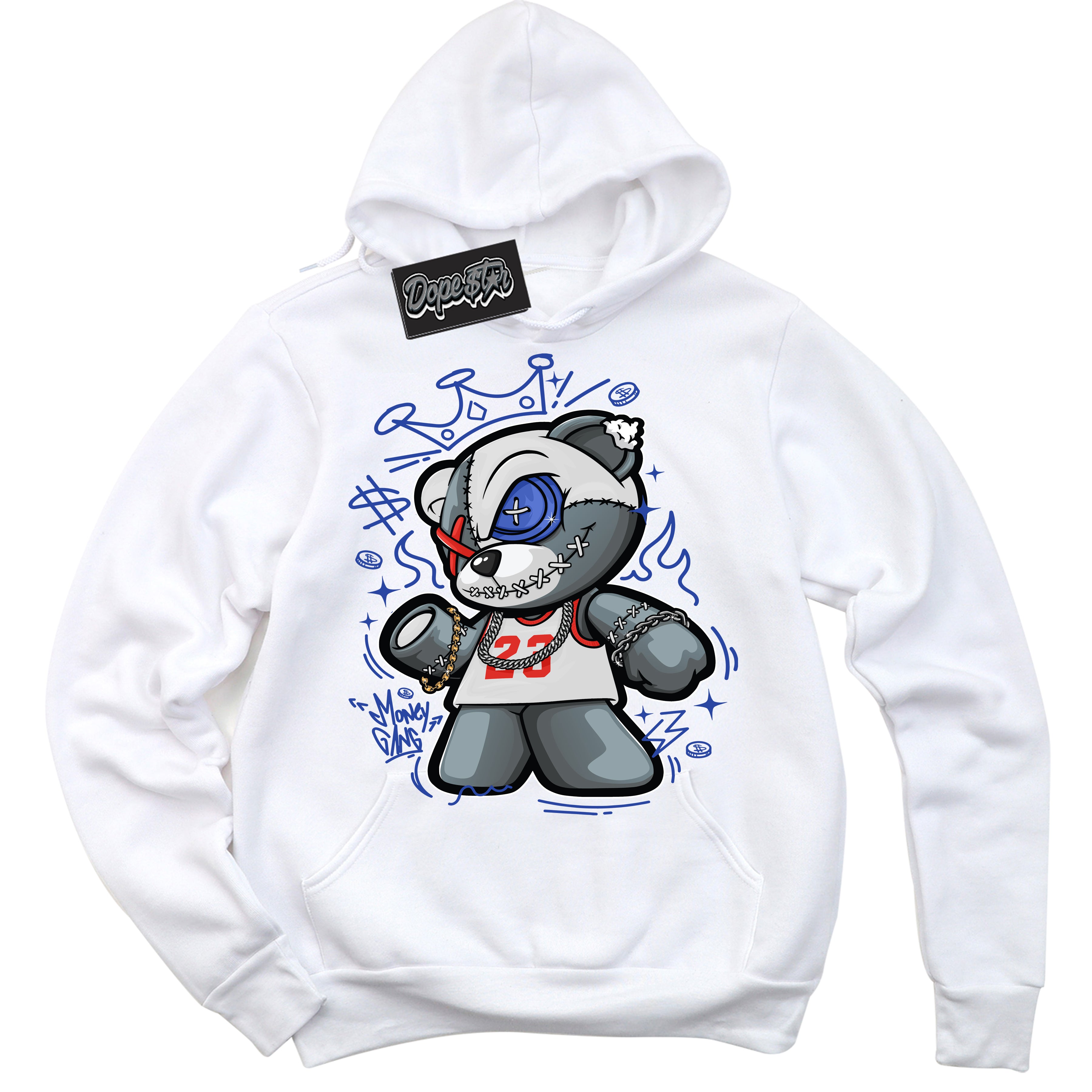 Cool White Hoodie with “ Money Gang Bear '' design that Perfectly Matches  Ultramarine 180s Sneakers.