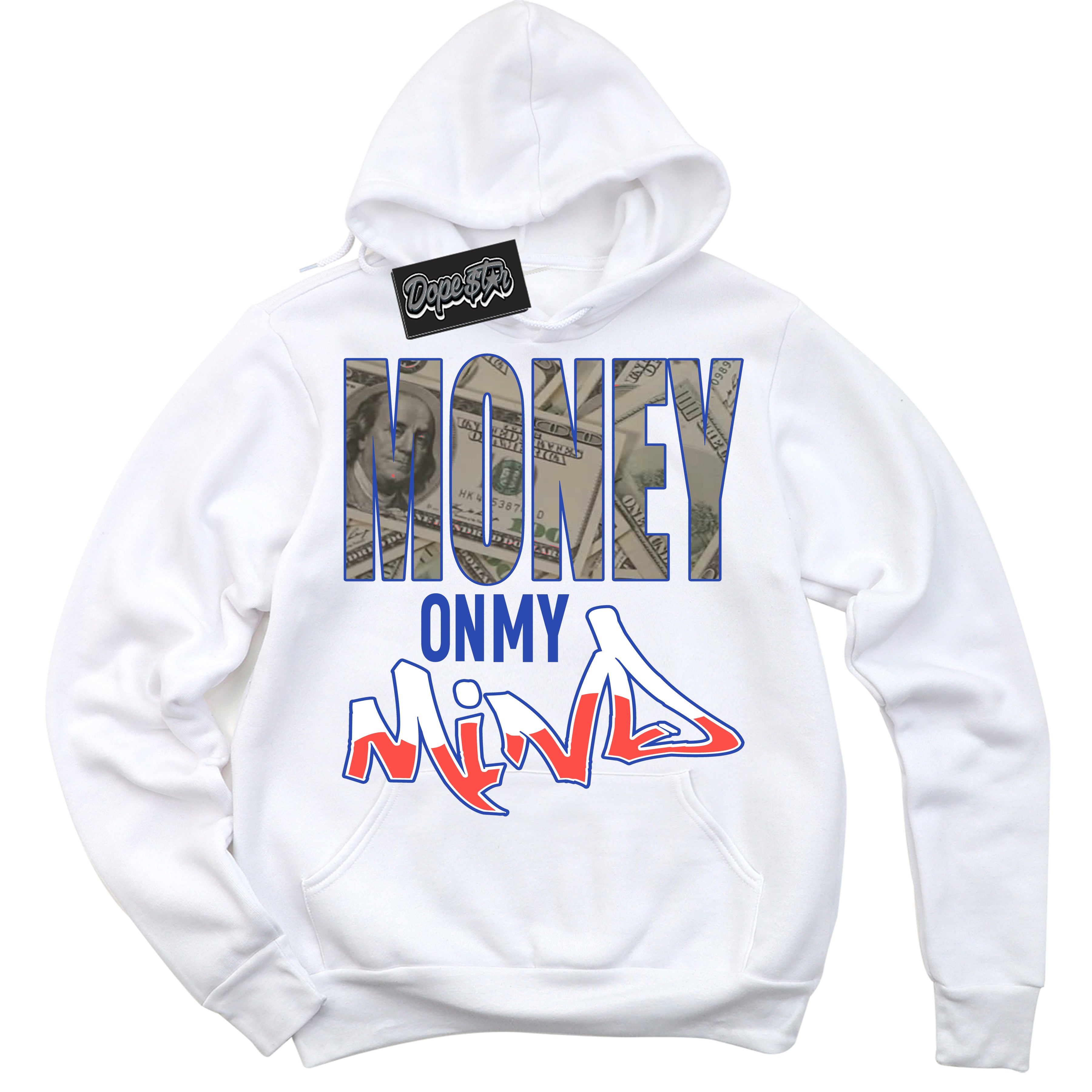 Cool White Hoodie with “ Money On My Mind '' design that Perfectly Matches  Ultramarine 180s Sneakers.