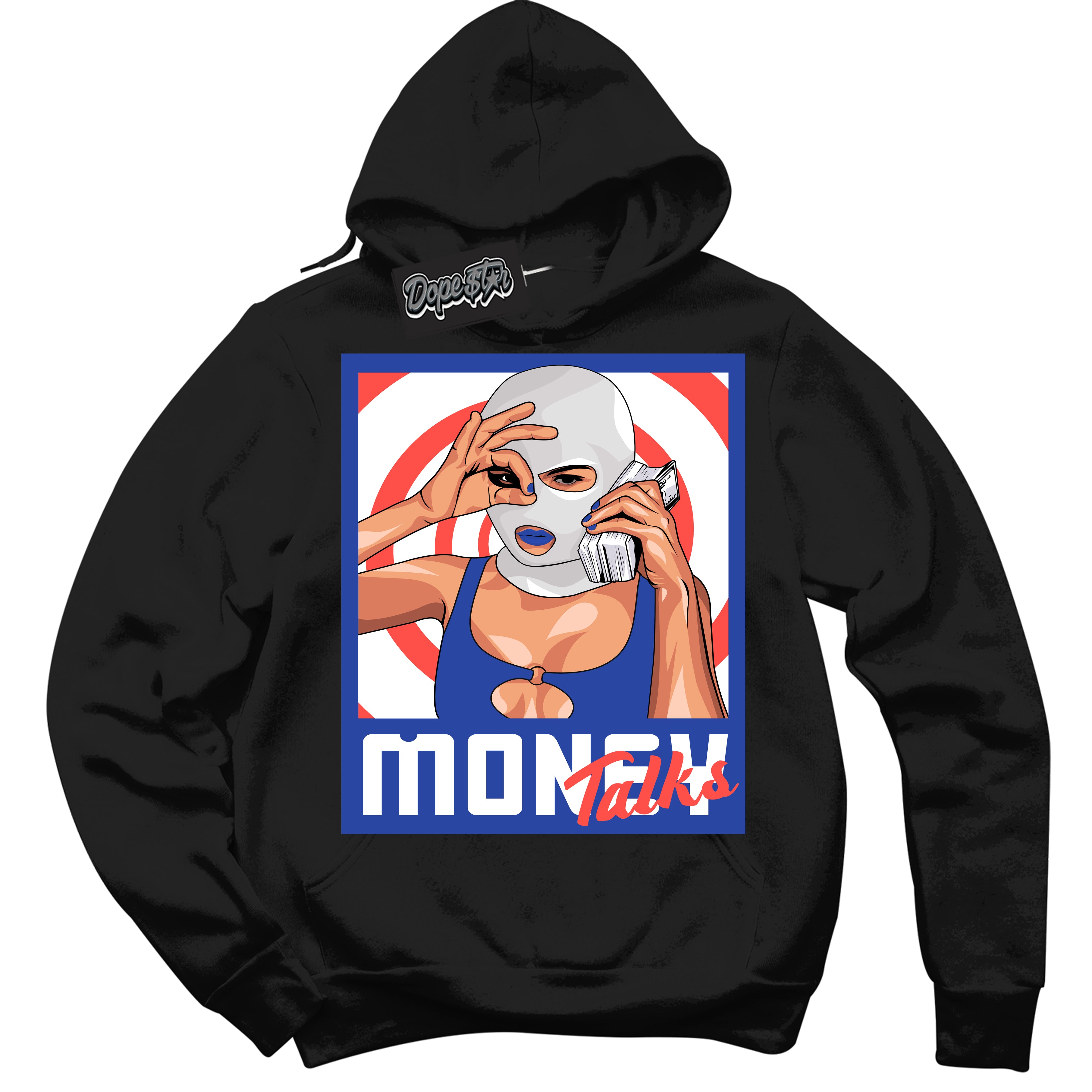 Cool Black Hoodie with “ Money Talks '' design that Perfectly Matches  Ultramarine 180s Sneakers.