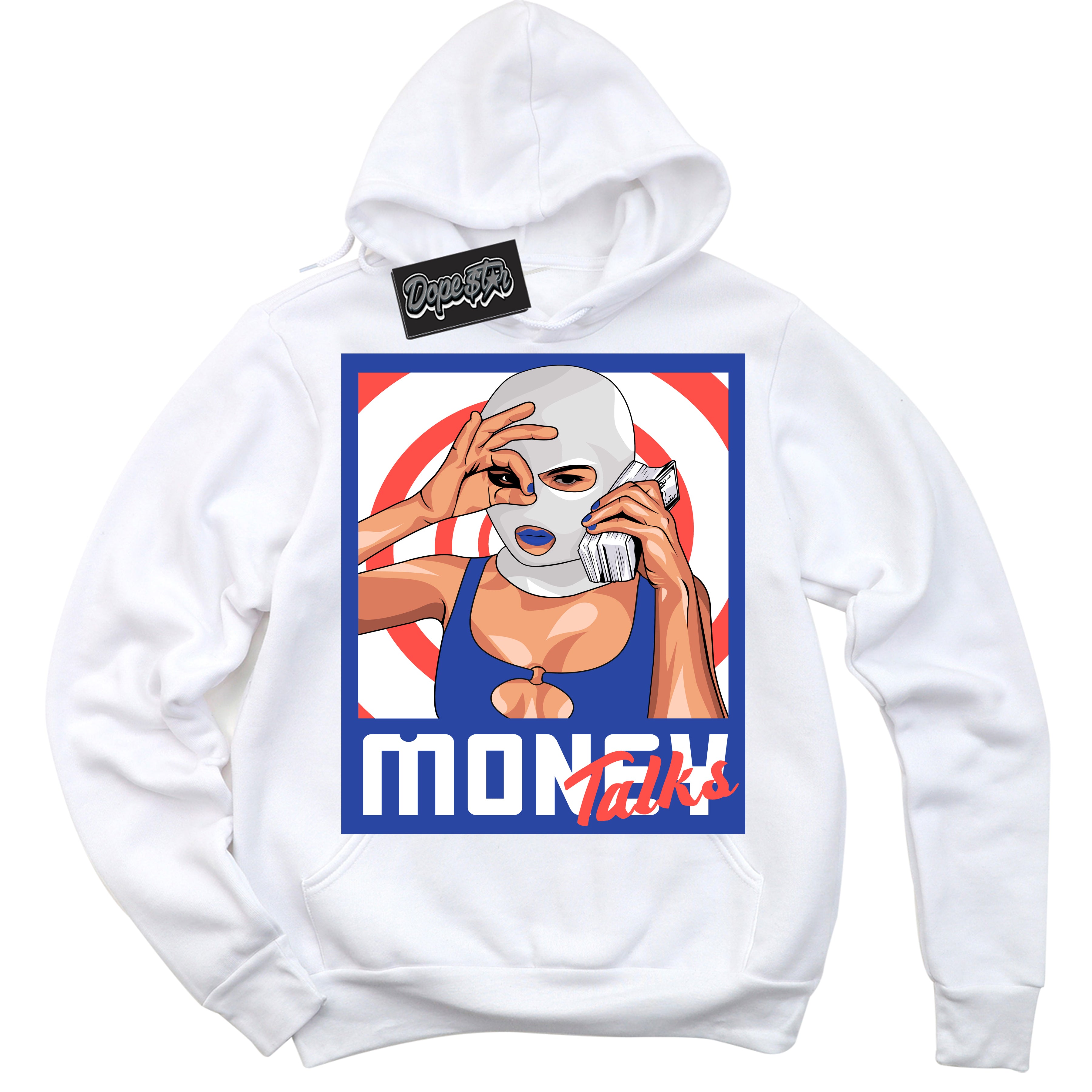 Cool White Hoodie with “ Money Talks '' design that Perfectly Matches  Ultramarine 180s Sneakers.