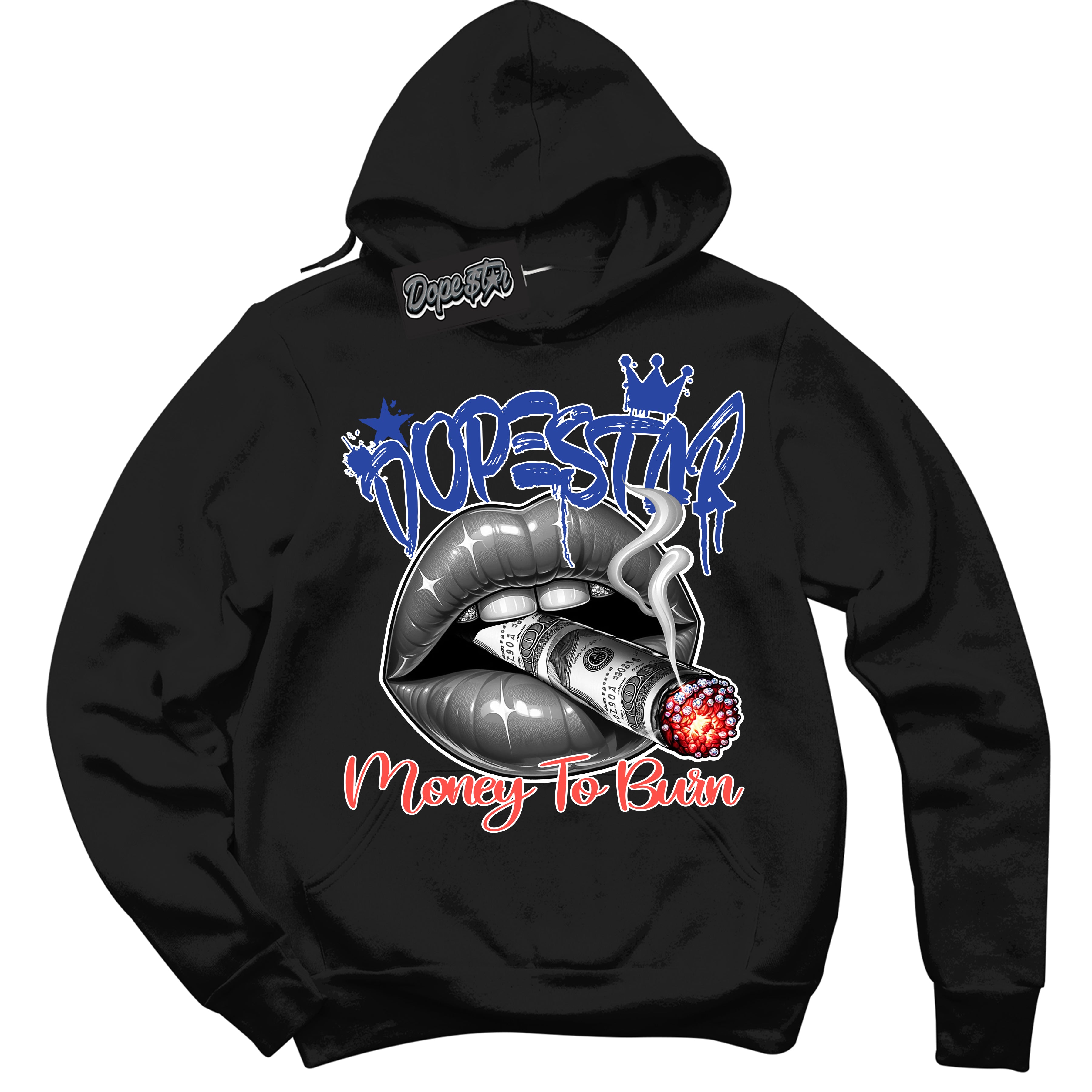 Cool Black Hoodie with “ Money To Burn ”  design that Perfectly Matches Ultramarine 180s Sneakers.