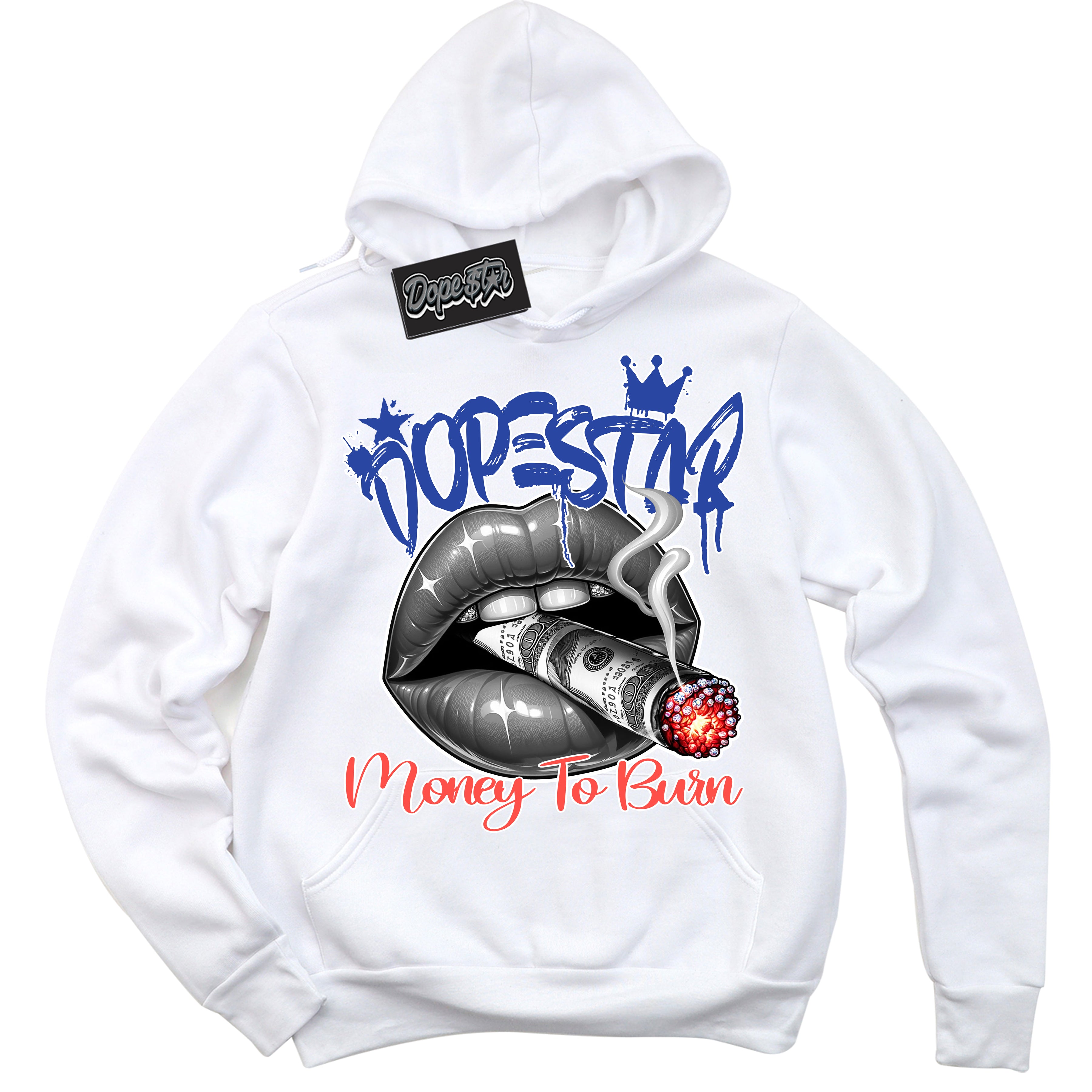 Cool White Hoodie with “ Money To Burn ”  design that Perfectly Matches Ultramarine 180s Sneakers.