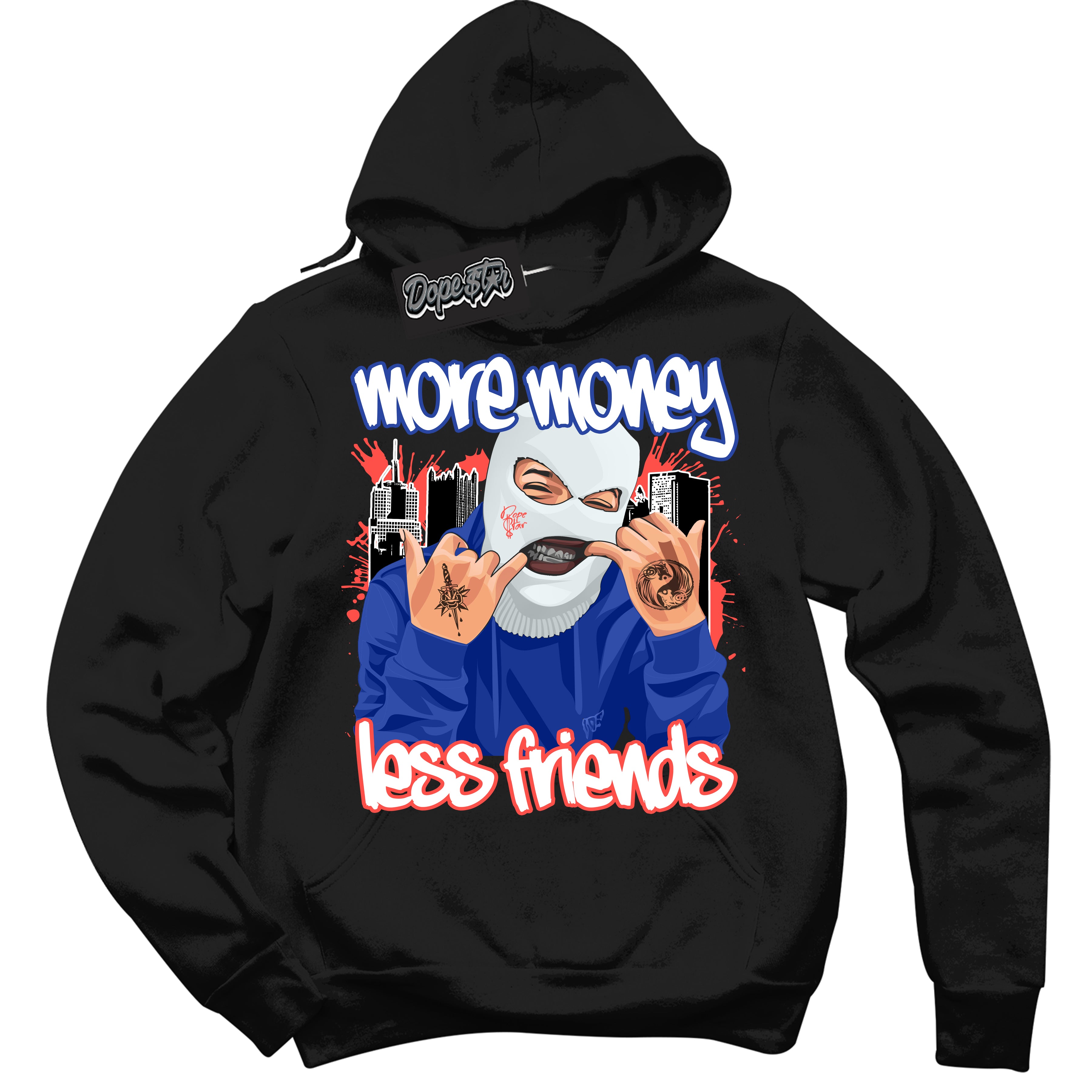 Cool Black Hoodie with “ More Money Less Friends '' design that Perfectly Matches  Ultramarine 180s Sneakers.