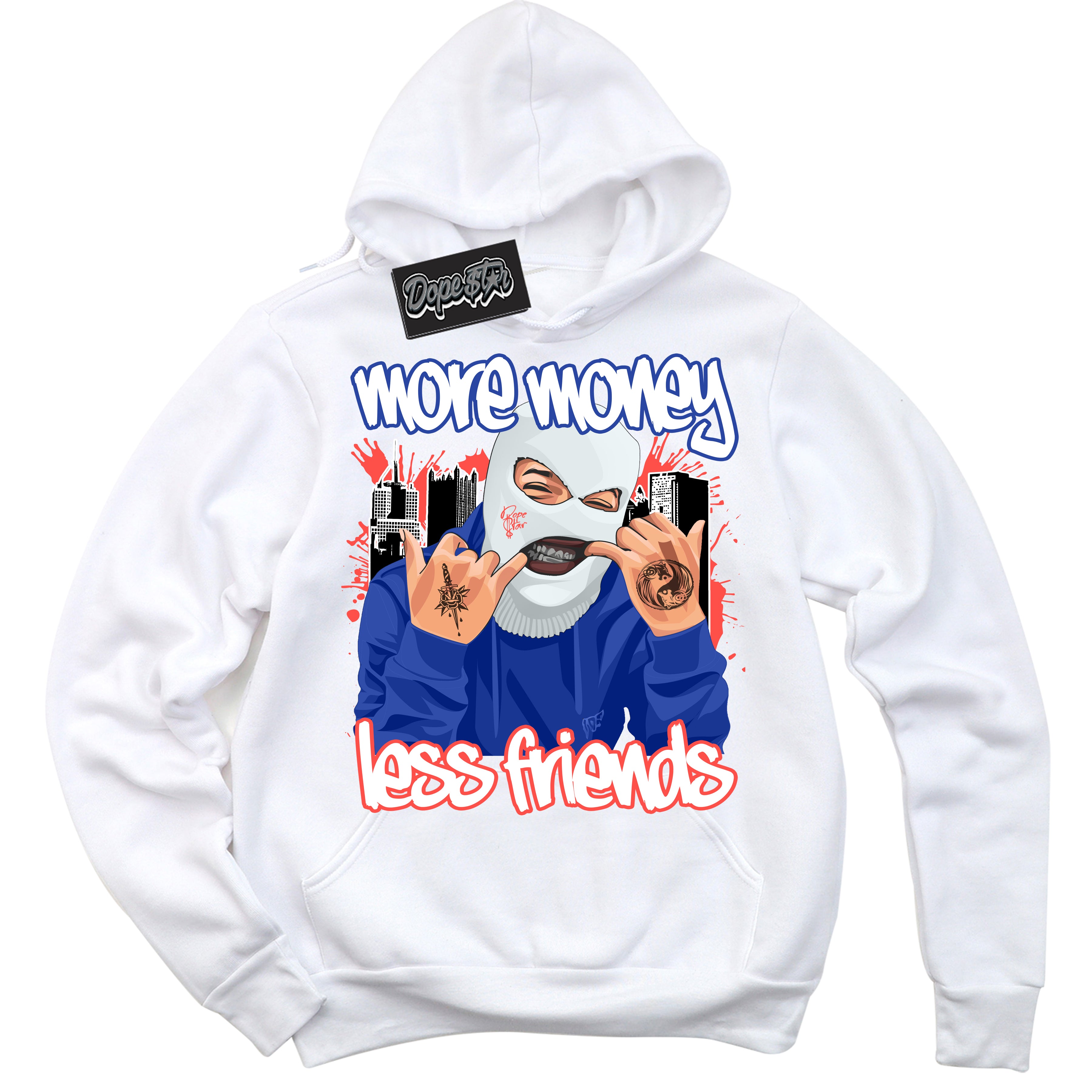 Cool White Hoodie with “ More Money Less Friends '' design that Perfectly Matches  Ultramarine 180s Sneakers.