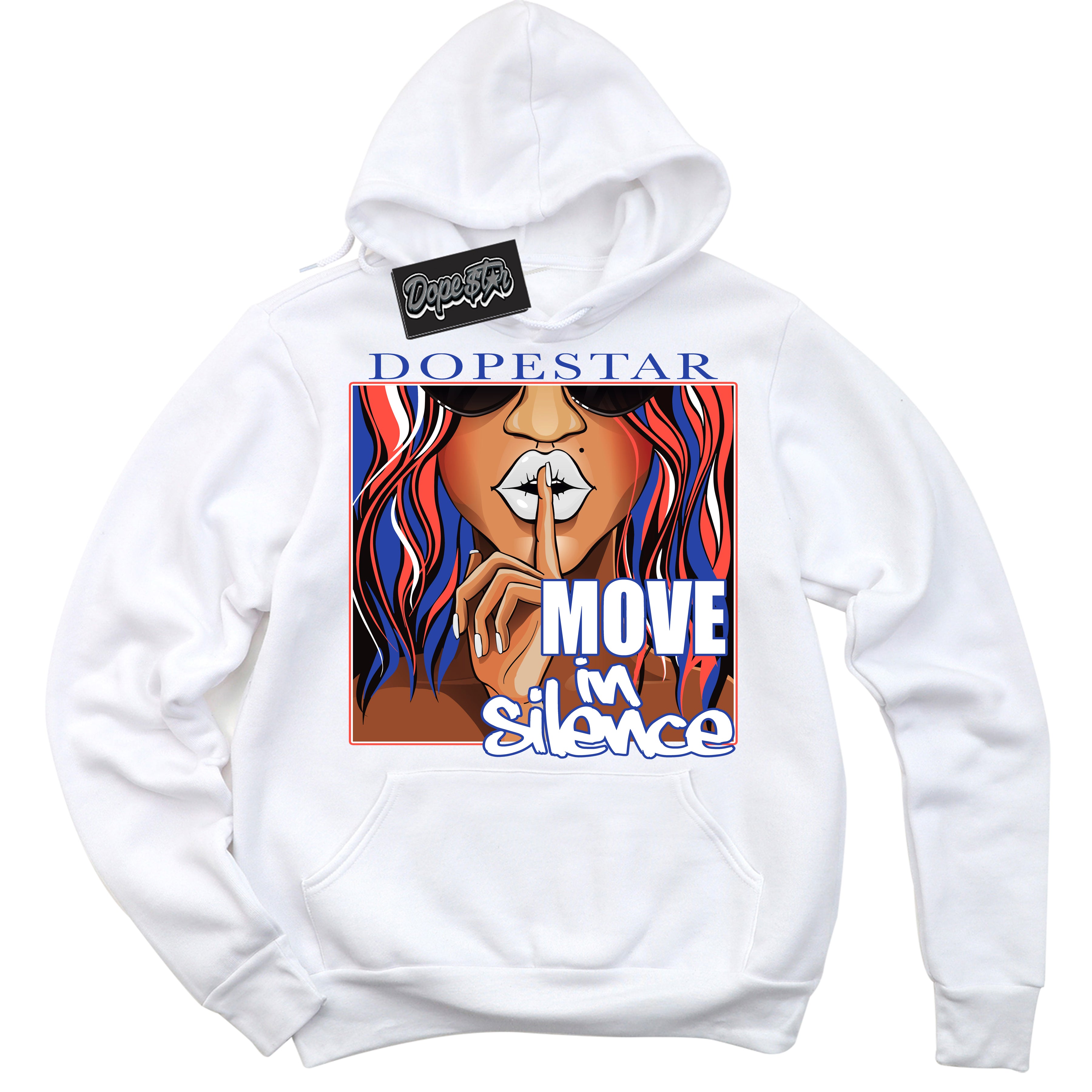 Cool White Hoodie with “ Move In Silence '' design that Perfectly Matches  Ultramarine 180s Sneakers.