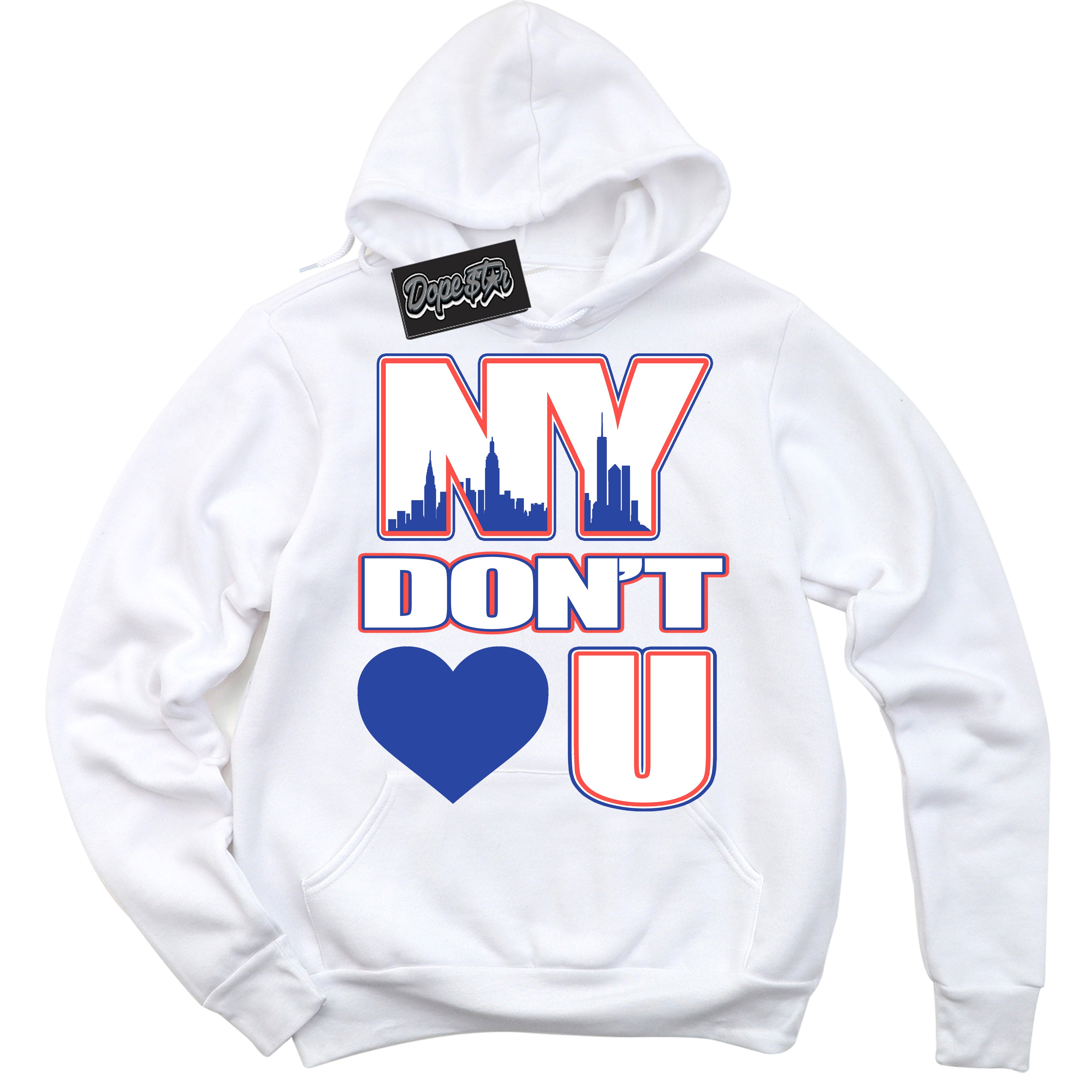 Cool White Hoodie with “ NY Don't Love You '' design that Perfectly Matches  Ultramarine 180s Sneakers.