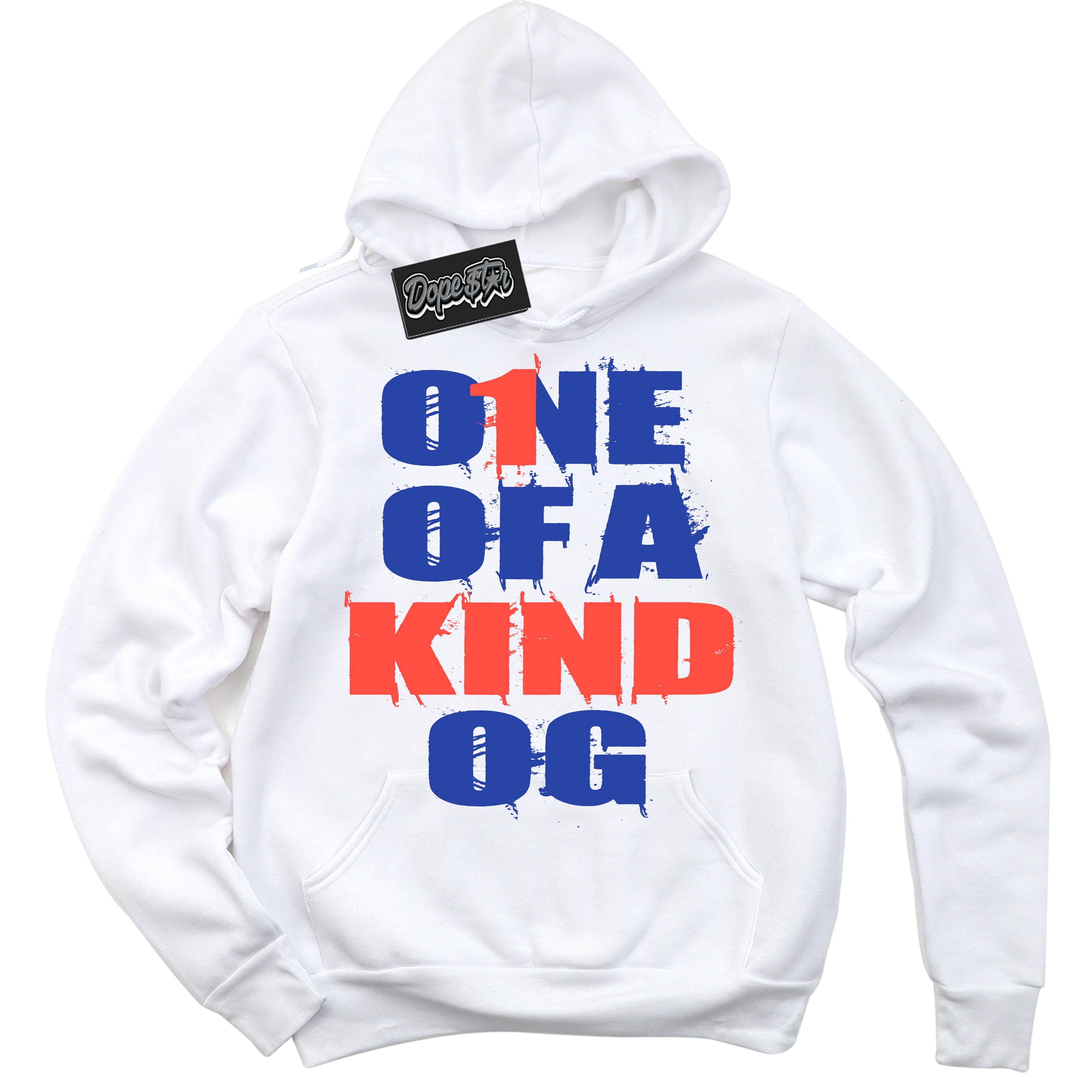 Cool White Hoodie with “ One Of A Kind '' design that Perfectly Matches  Ultramarine 180s Sneakers.