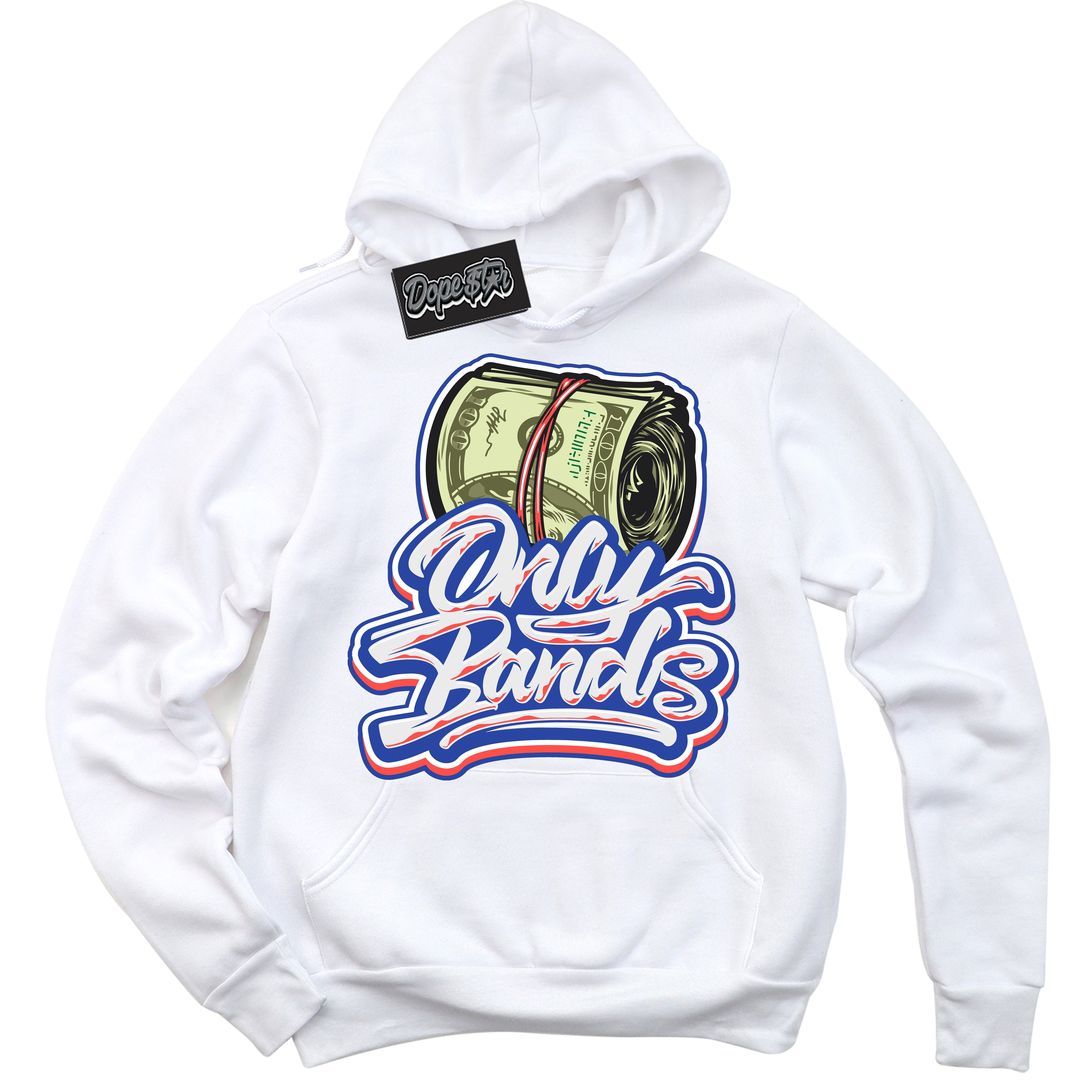 Cool White Hoodie with “ Only Bands '' design that Perfectly Matches  Ultramarine 180s Sneakers.