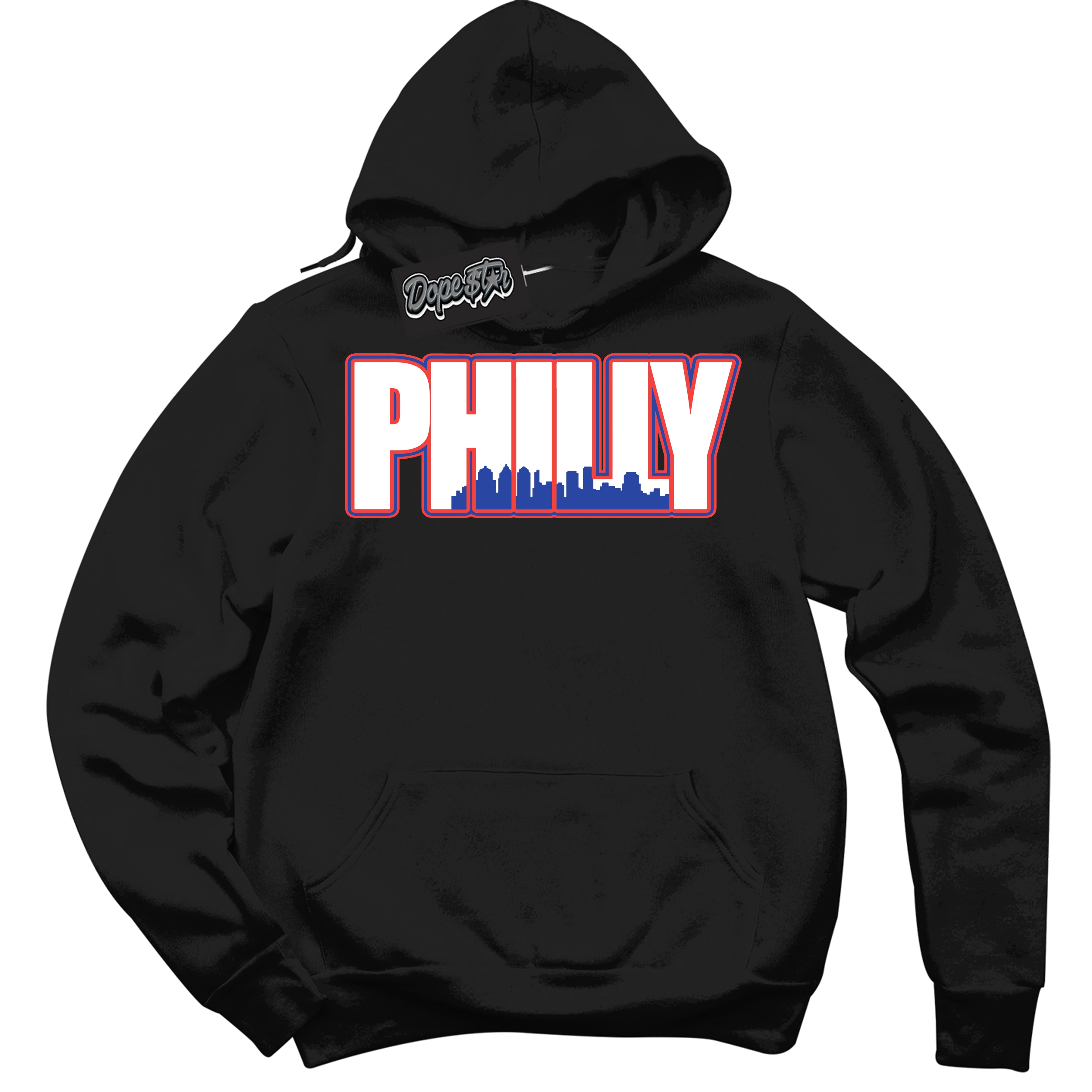 Cool Black Hoodie with “ Philly '' design that Perfectly Matches  Ultramarine 180s Sneakers.