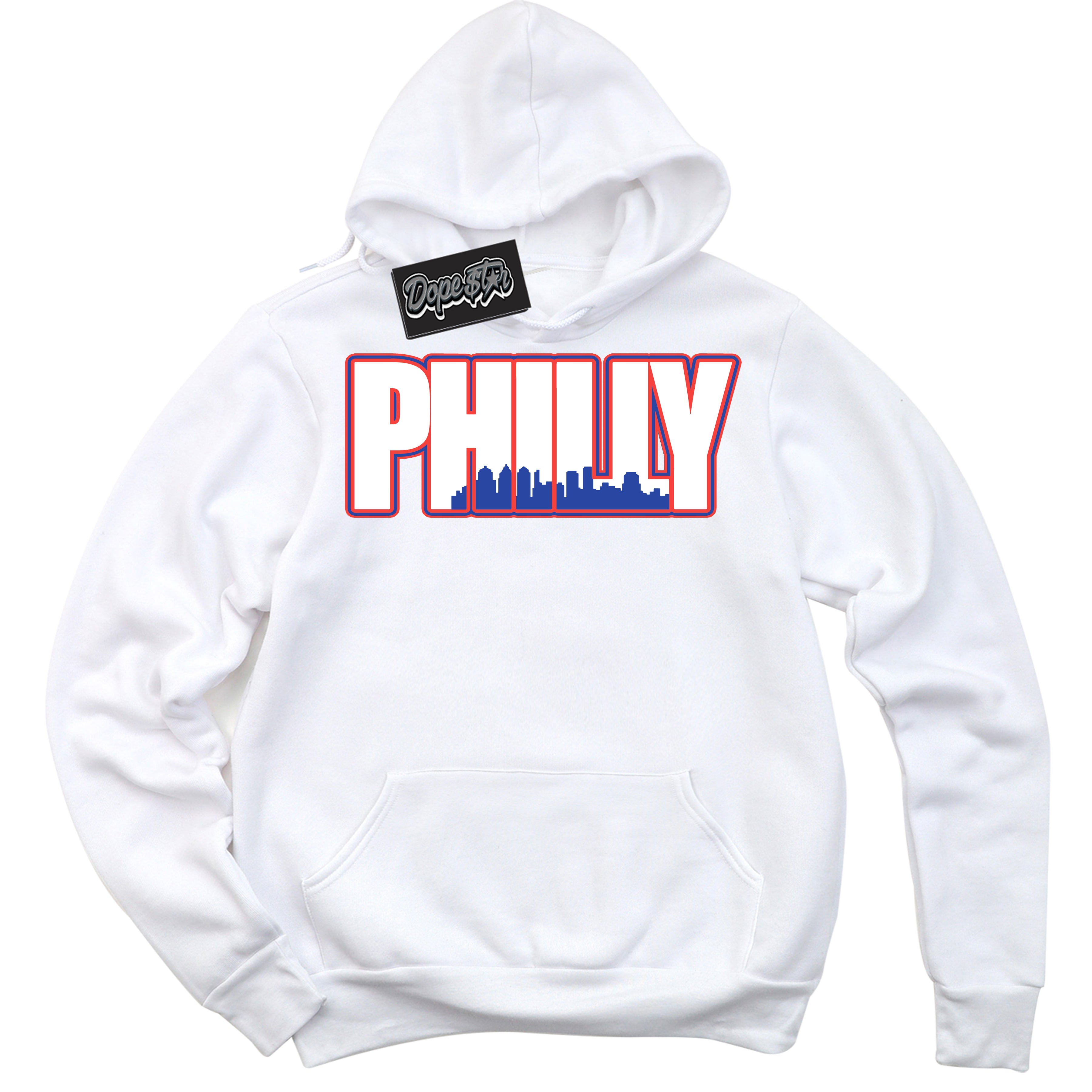 Cool White Hoodie with “ Philly '' design that Perfectly Matches  Ultramarine 180s Sneakers.