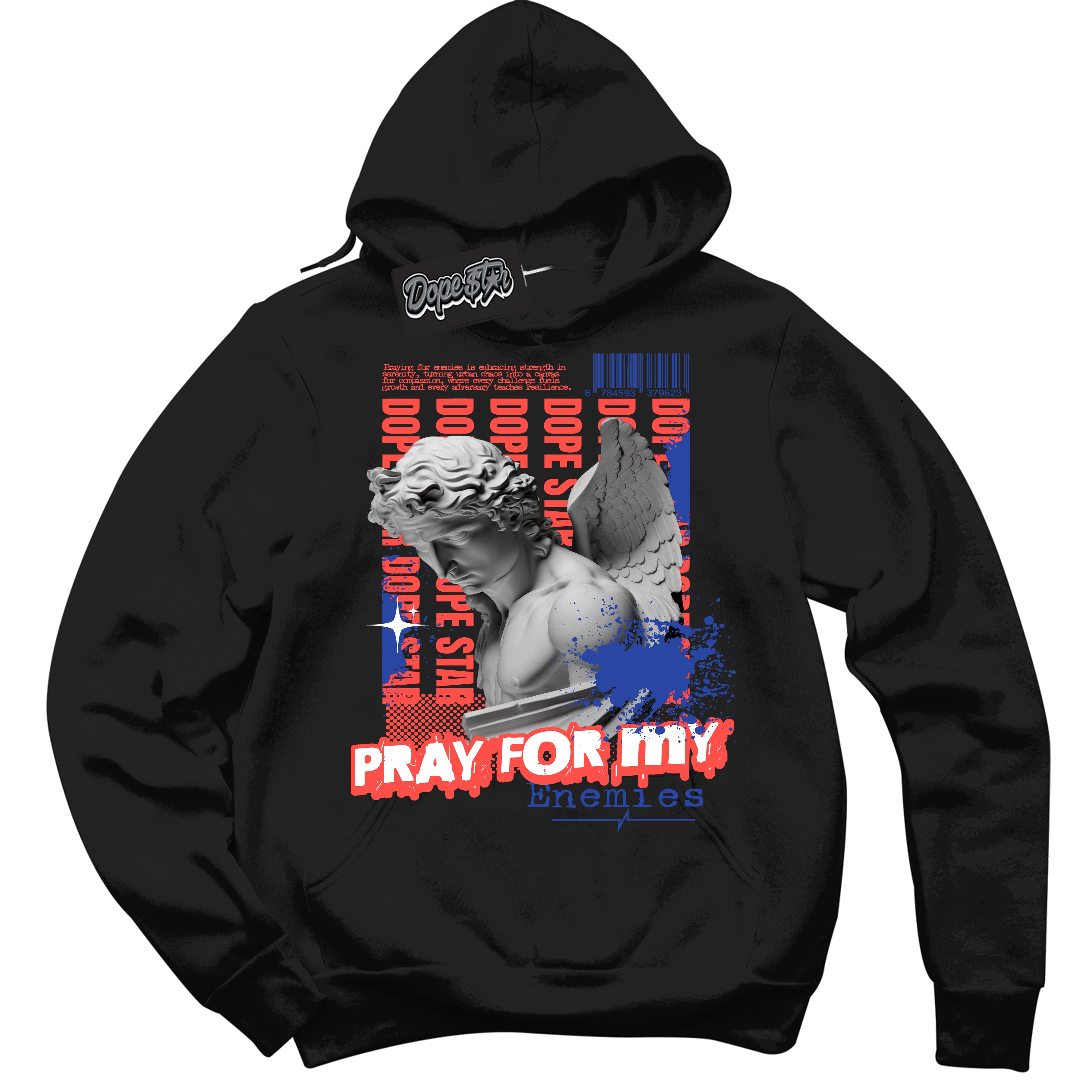 Cool Black Hoodie with “ Pray Enemies ”  design that Perfectly Matches Ultramarine 180s Sneakers.