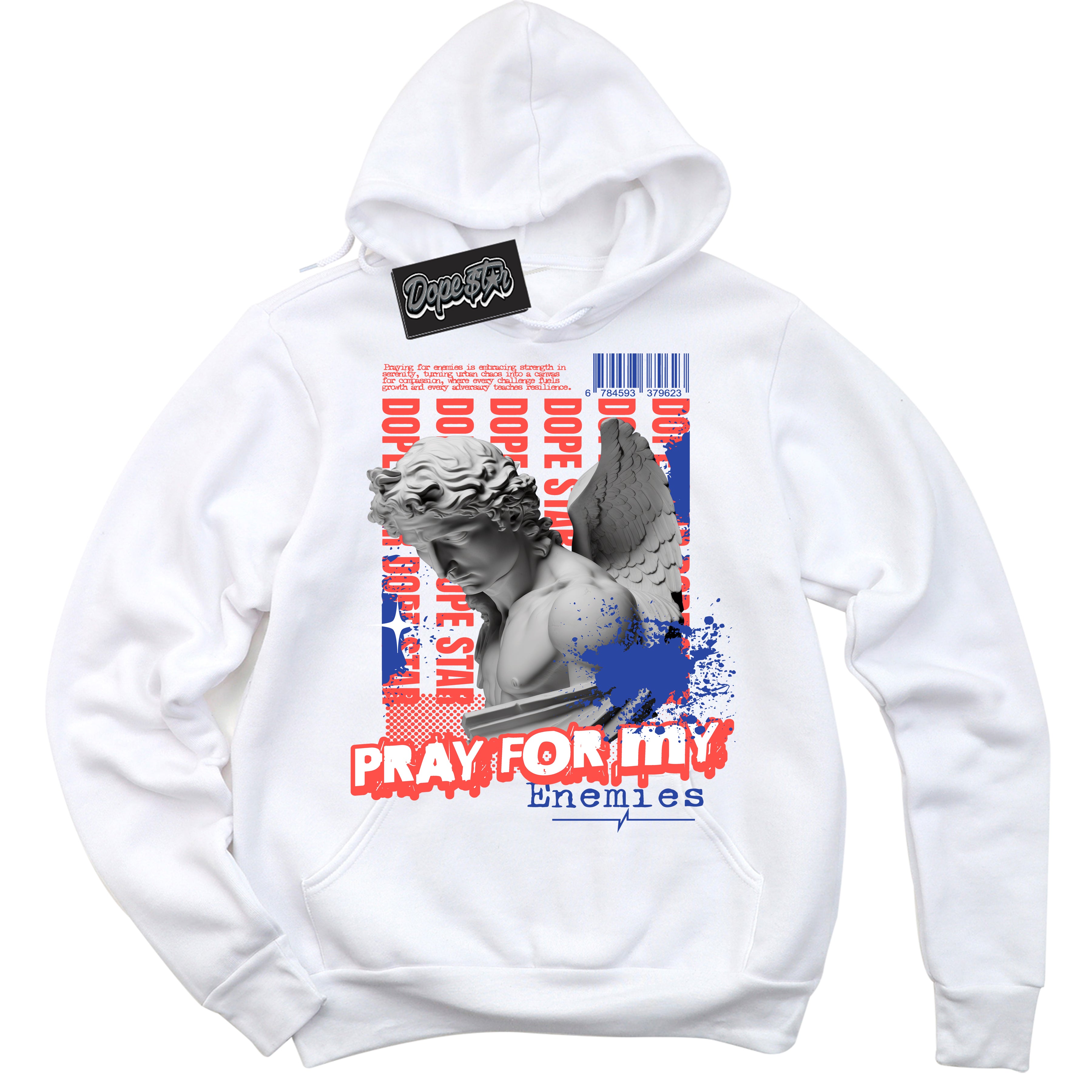 Cool White Hoodie with “ Pray Enemies ”  design that Perfectly Matches Ultramarine 180s Sneakers.