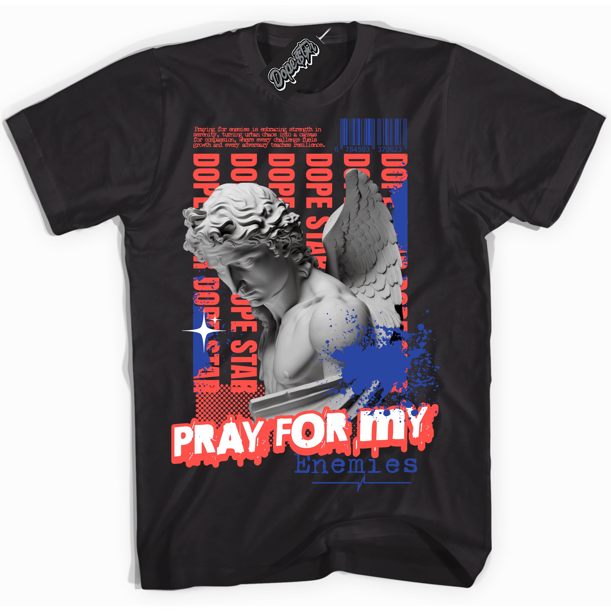 Cool Black Shirt with “ Pray Enemies” design that perfectly matches Ultramarine 180s Sneakers.