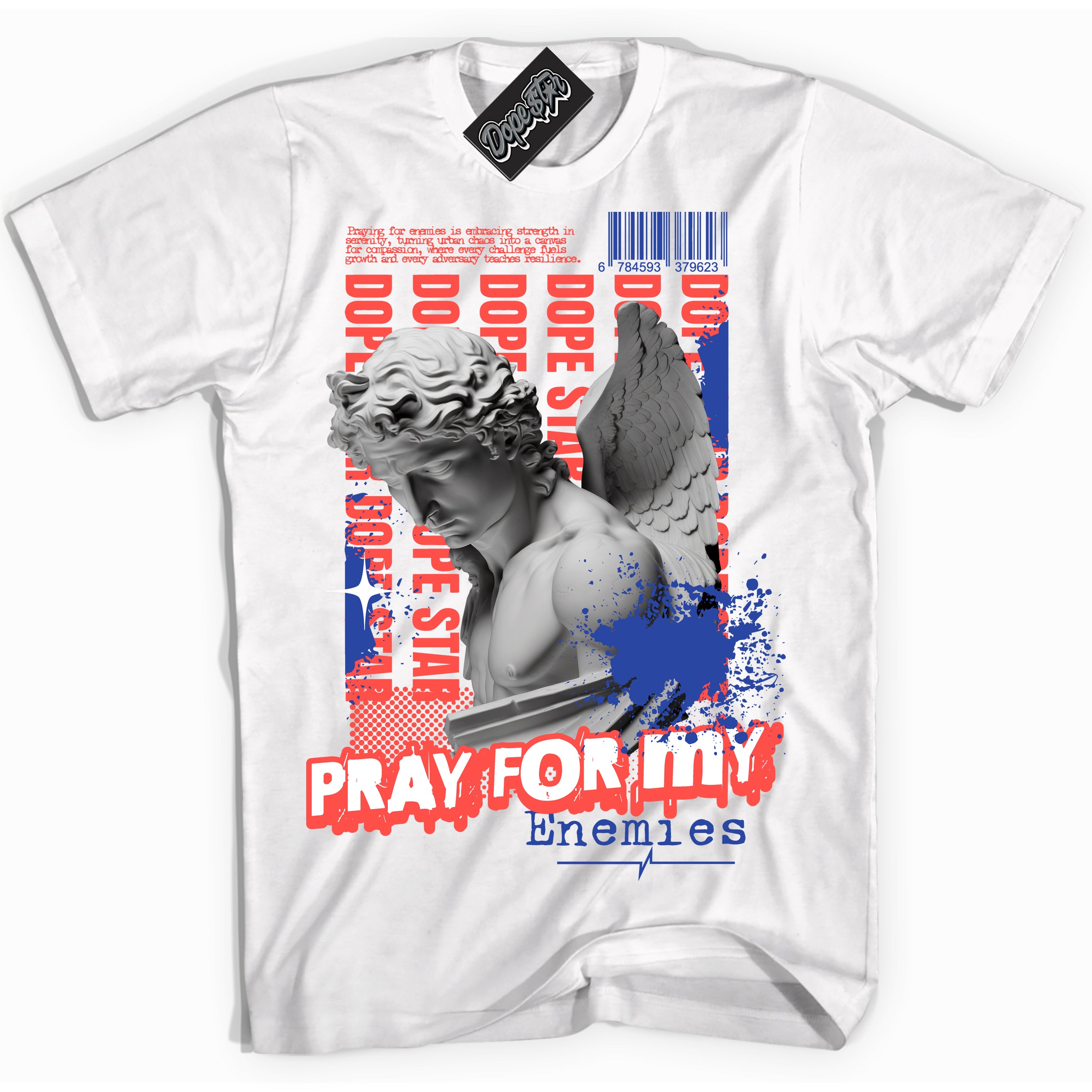 Cool White Shirt with “ Pray Enemies” design that perfectly matches Ultramarine 180s Sneakers.