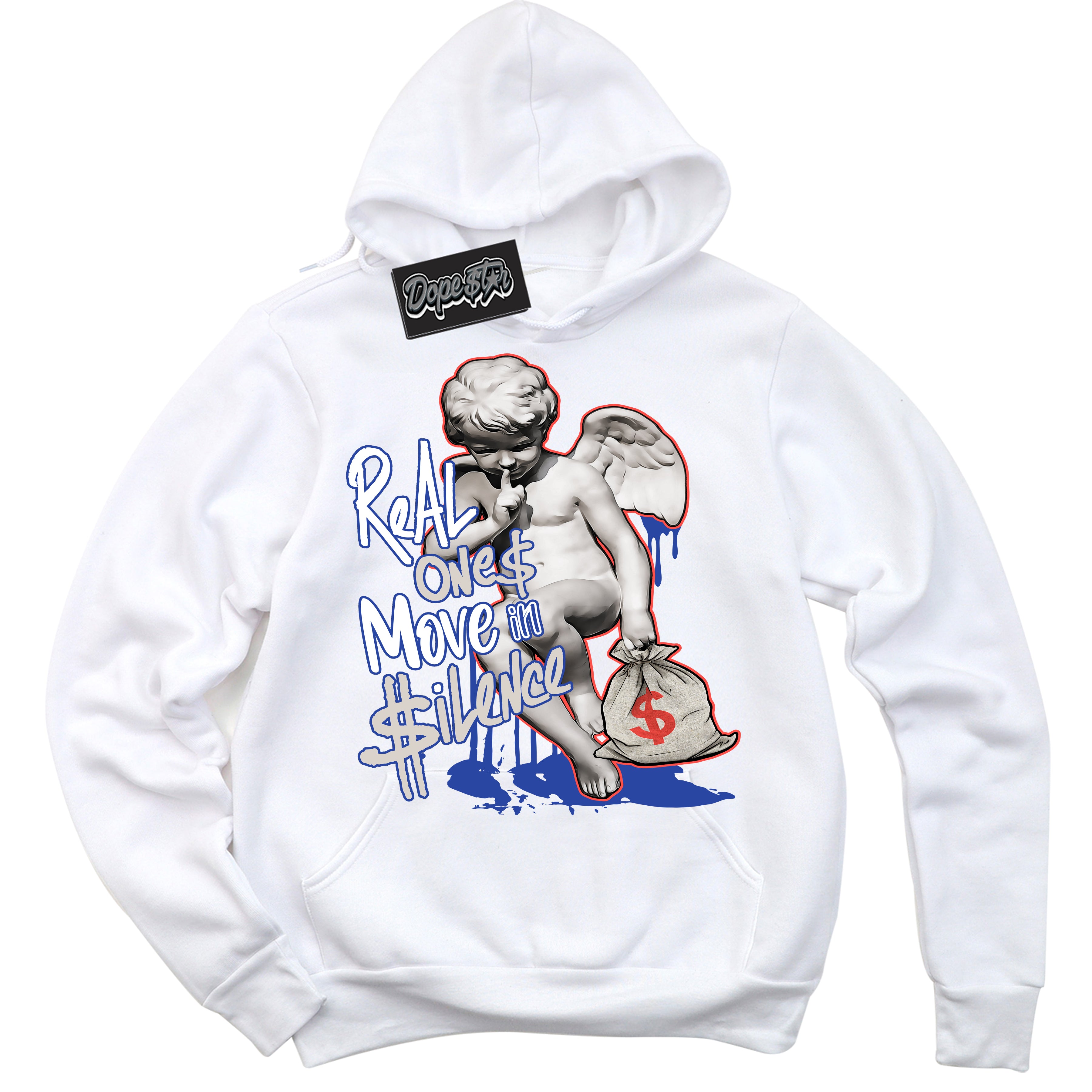 Cool White Hoodie with “ Real Ones Cherub '' design that Perfectly Matches  Ultramarine 180s Sneakers.