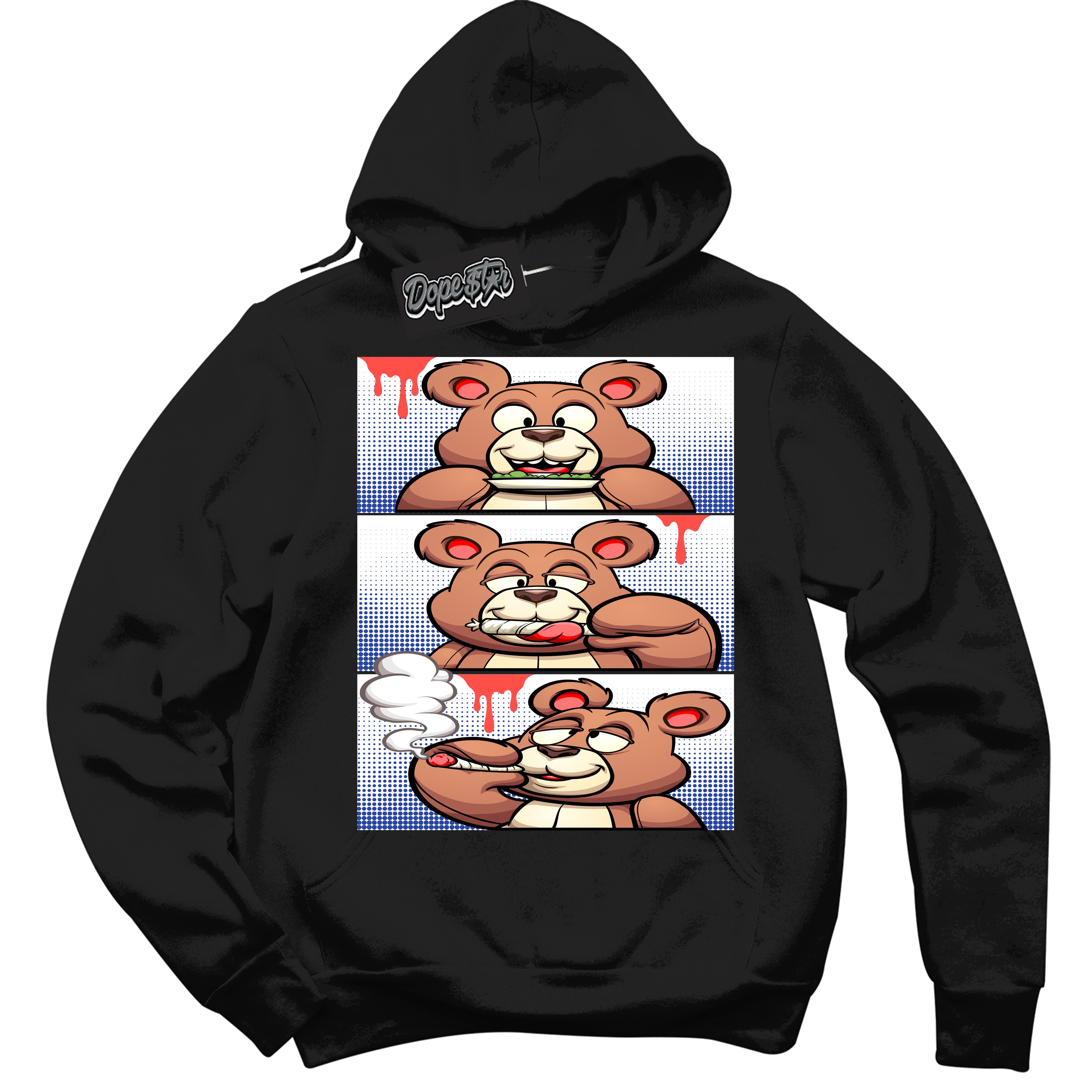 Cool Black Hoodie with “ Roll It Lick It Smoke It Bear '' design that Perfectly Matches  Ultramarine 180s Sneakers.