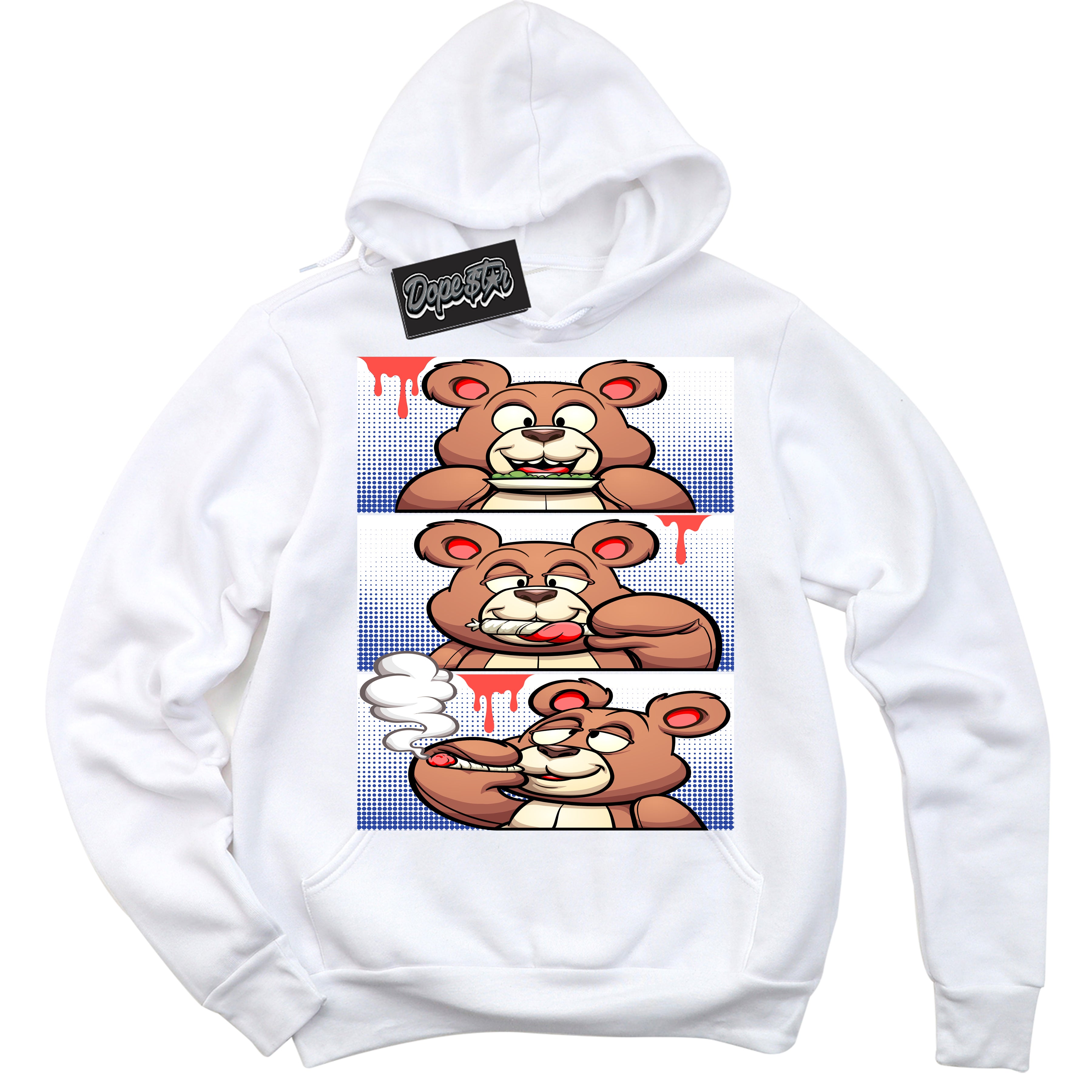 Cool White Hoodie with “ Roll It Lick It Smoke It Bear '' design that Perfectly Matches  Ultramarine 180s Sneakers.