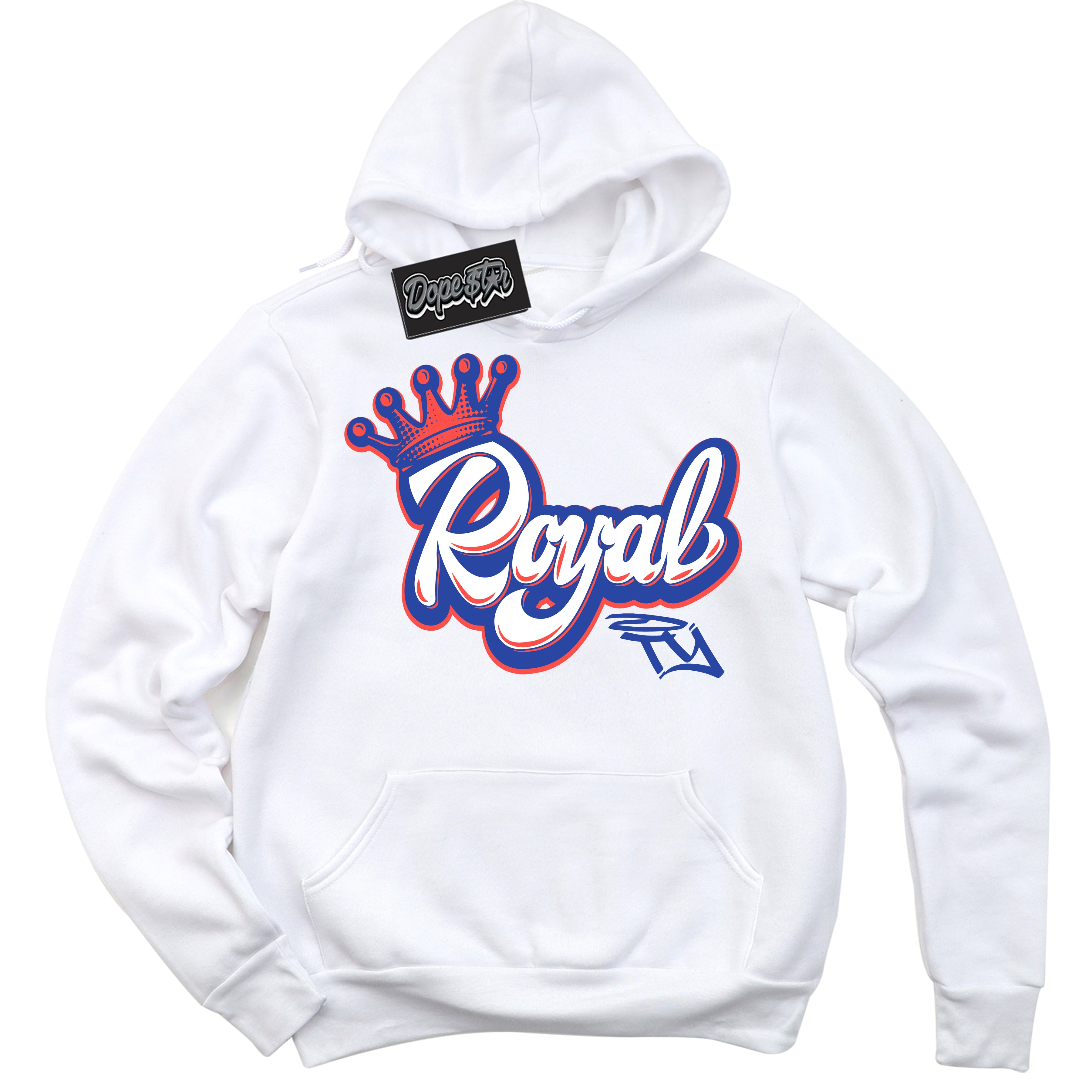 Cool White Hoodie with “ Royalty '' design that Perfectly Matches  Ultramarine 180s Sneakers.