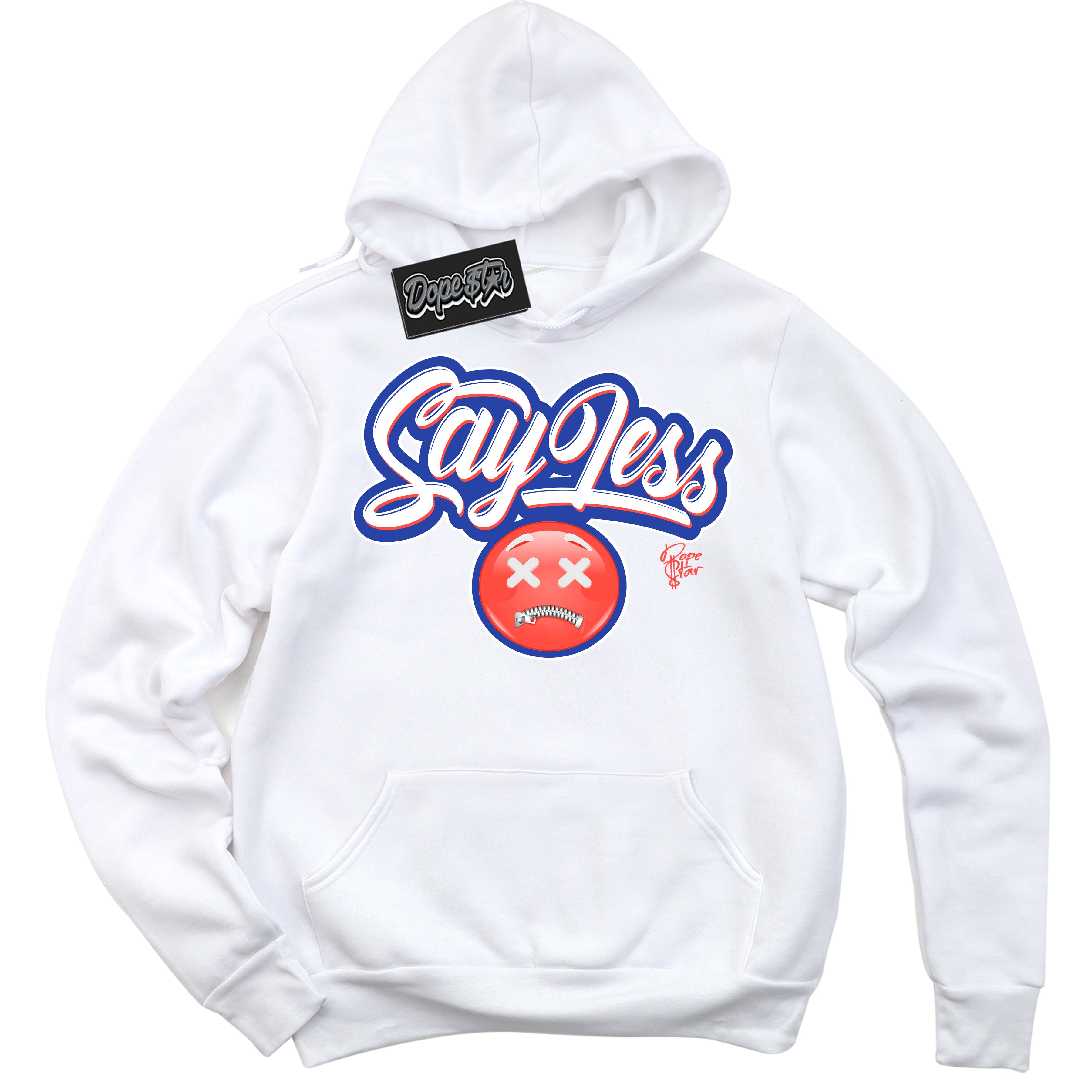 Cool White Hoodie with “ Say Less '' design that Perfectly Matches  Ultramarine 180s Sneakers.