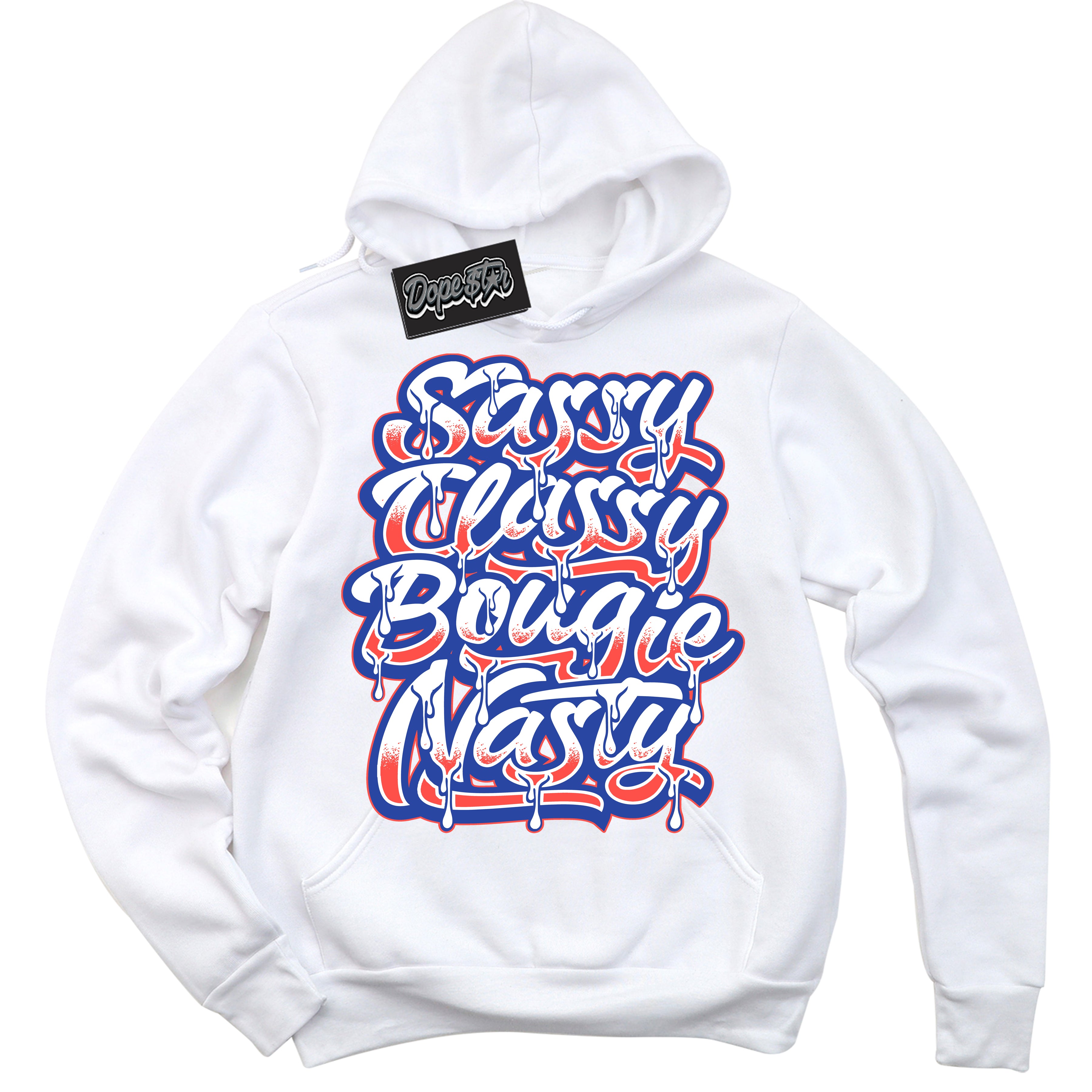 Cool White Hoodie with “ Sassy Classy '' design that Perfectly Matches  Ultramarine 180s Sneakers.