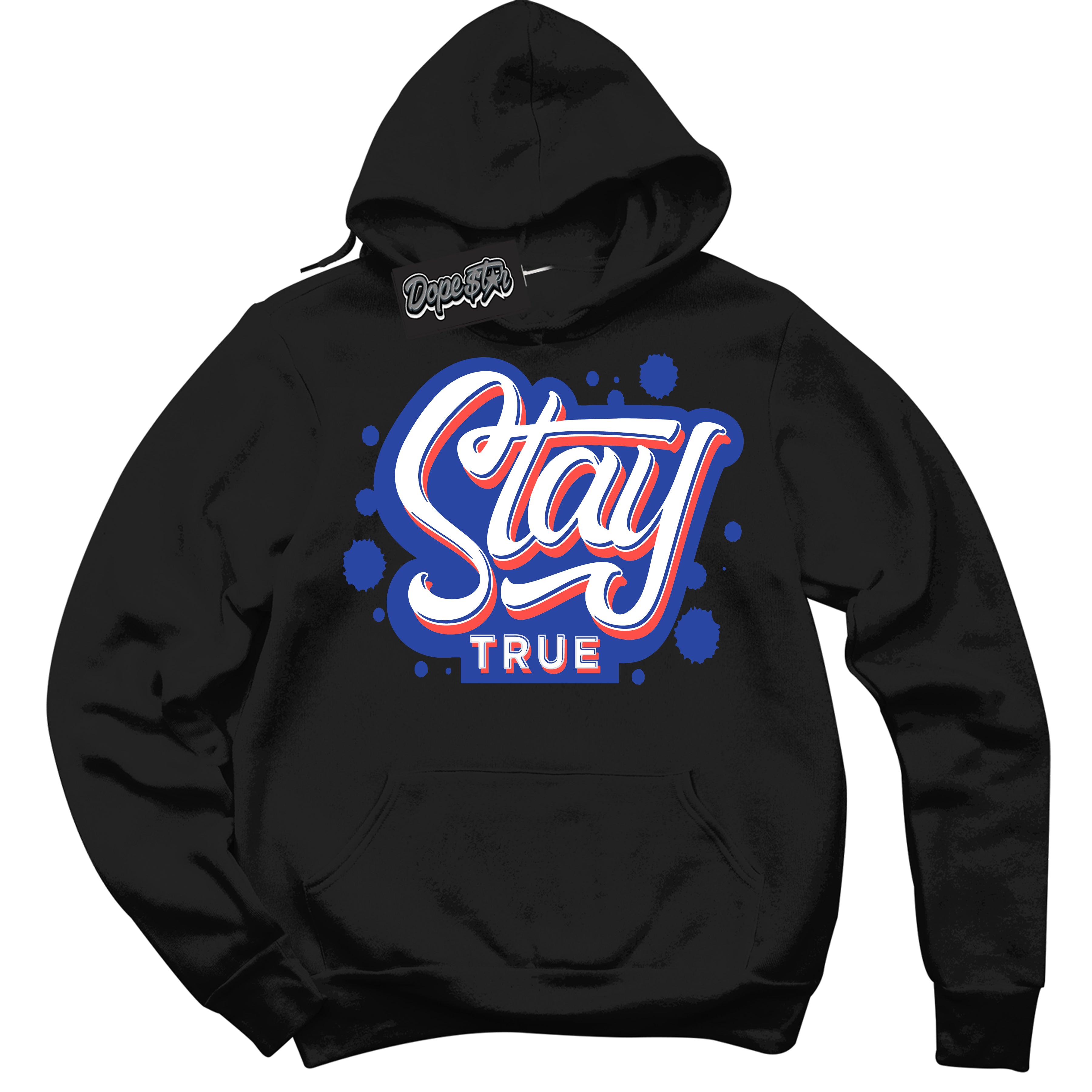 Cool Black Hoodie with “ Stay True '' design that Perfectly Matches  Ultramarine 180s Sneakers.