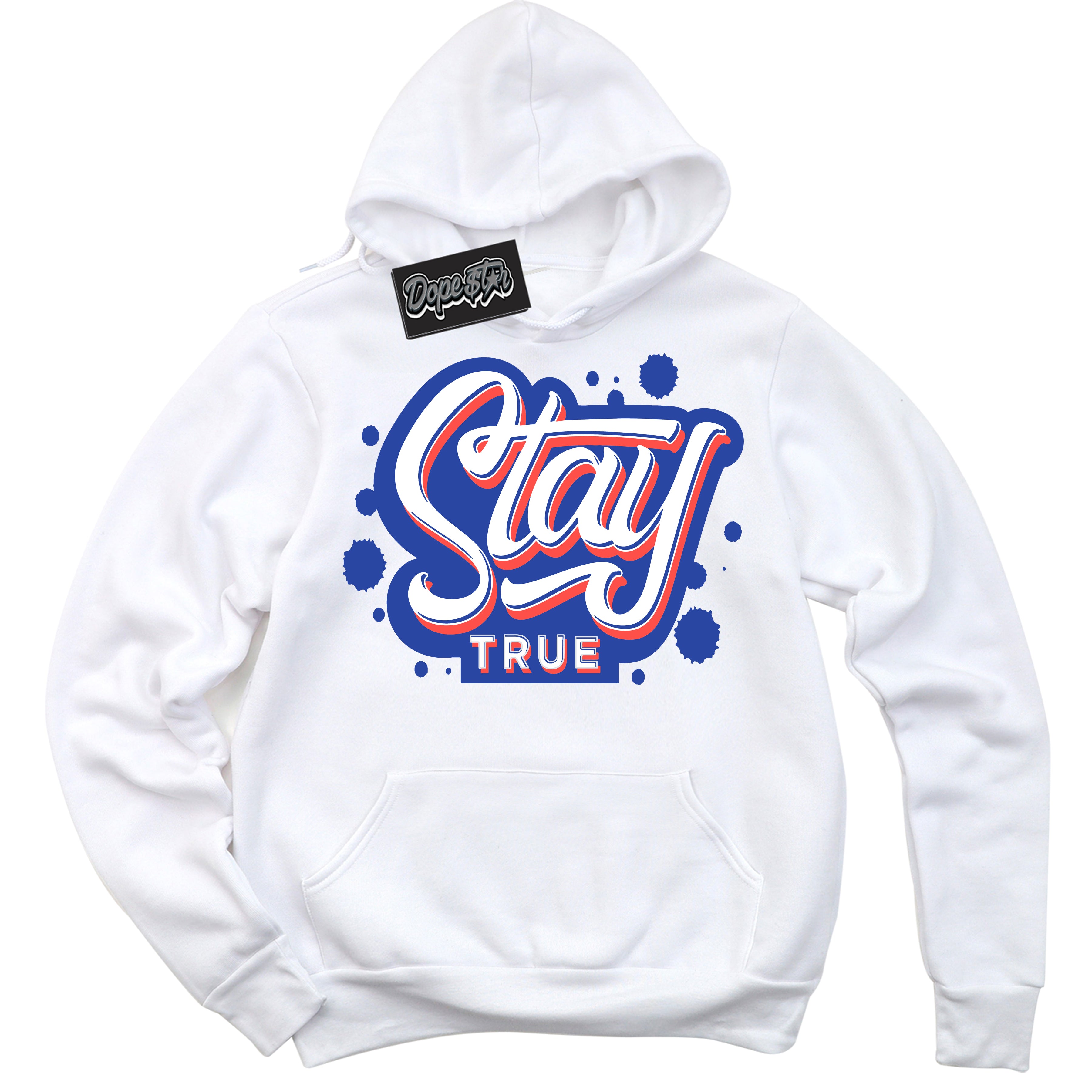 Cool White Hoodie with “ Stay True '' design that Perfectly Matches  Ultramarine 180s Sneakers.