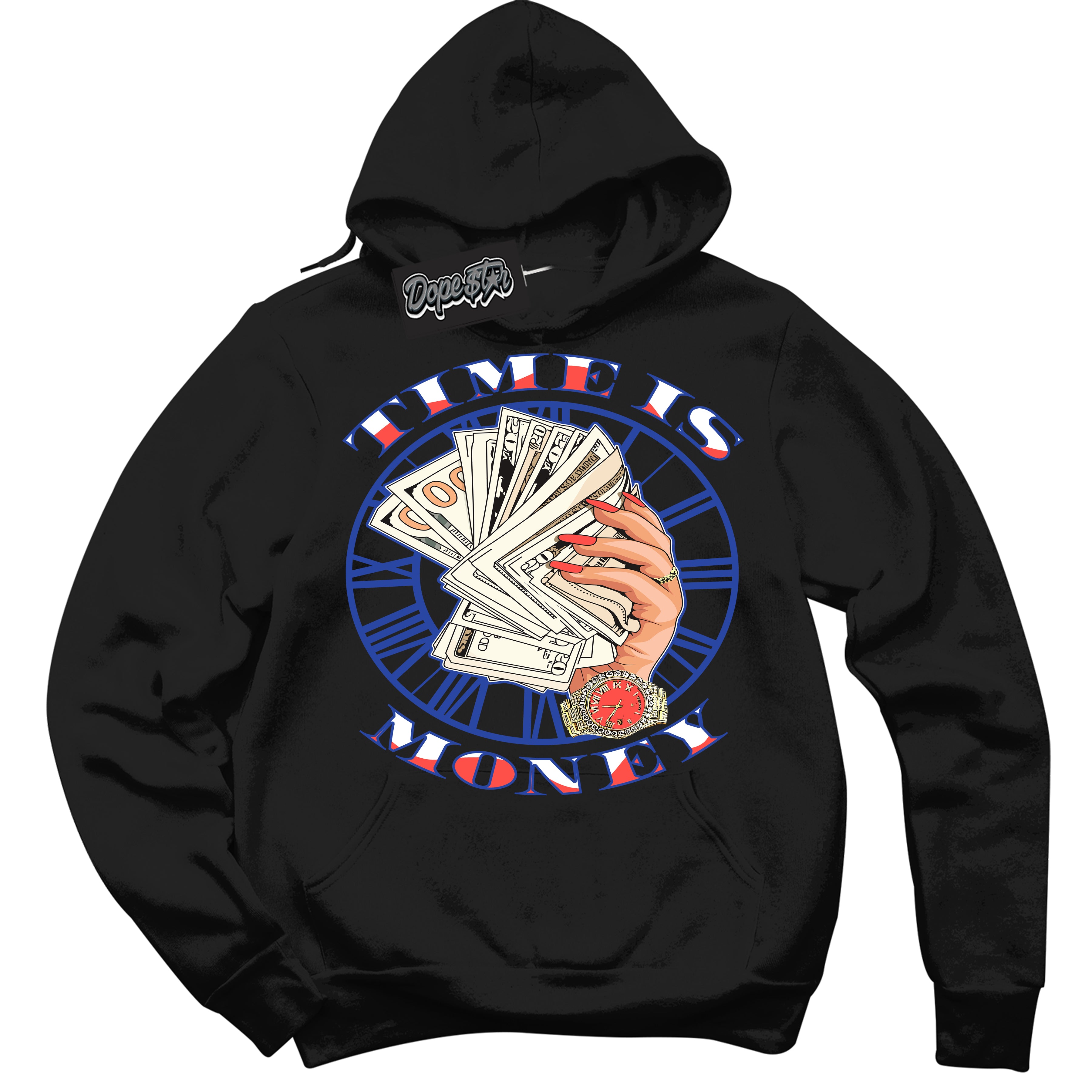 Cool Black Hoodie with “ Time Is Money '' design that Perfectly Matches  Ultramarine 180s Sneakers.