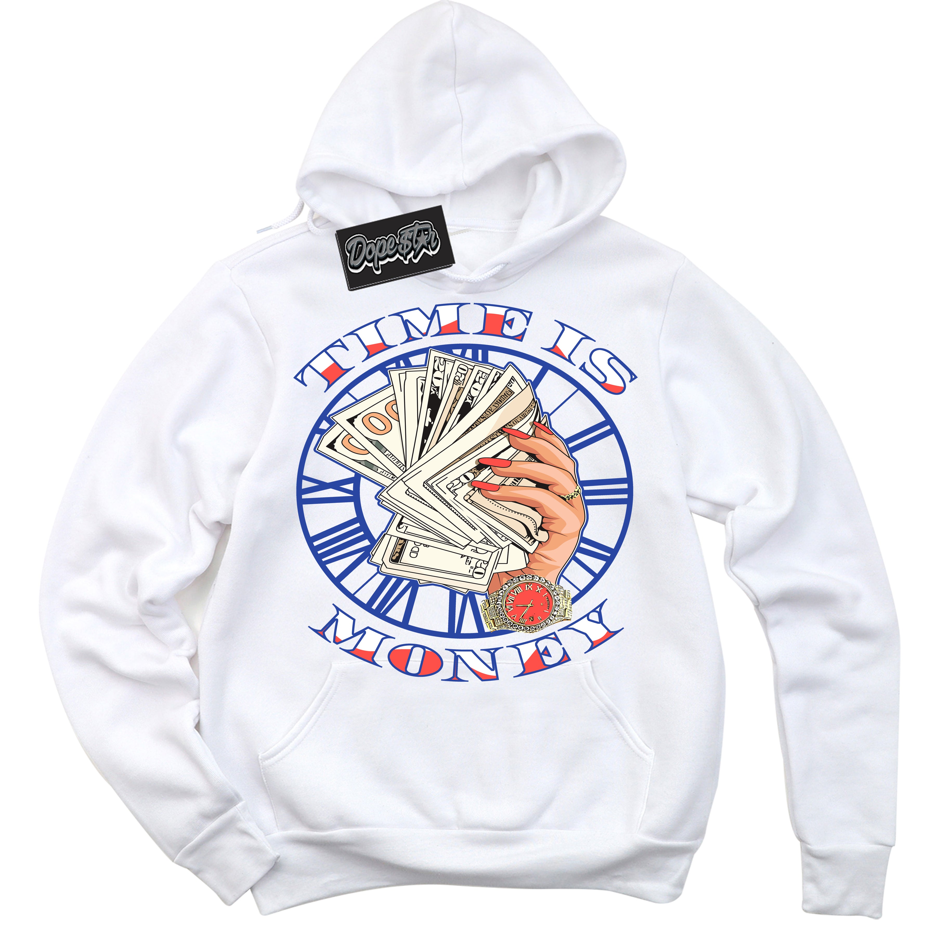 Cool White Hoodie with “ Time Is Money '' design that Perfectly Matches  Ultramarine 180s Sneakers.