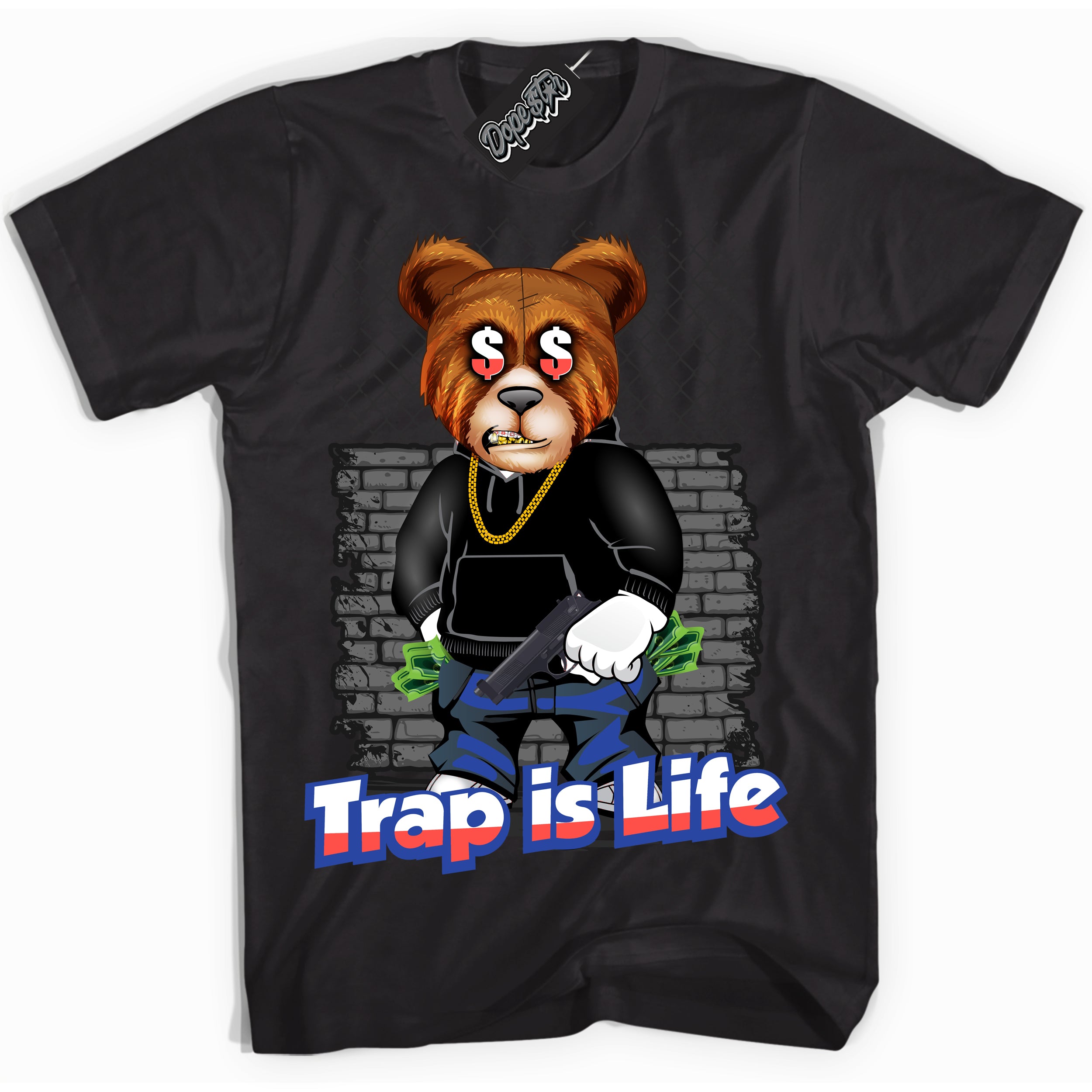 Cool Black Shirt with “ Trap Is Life ” design that perfectly matches Ultramarine 180s Sneakers.