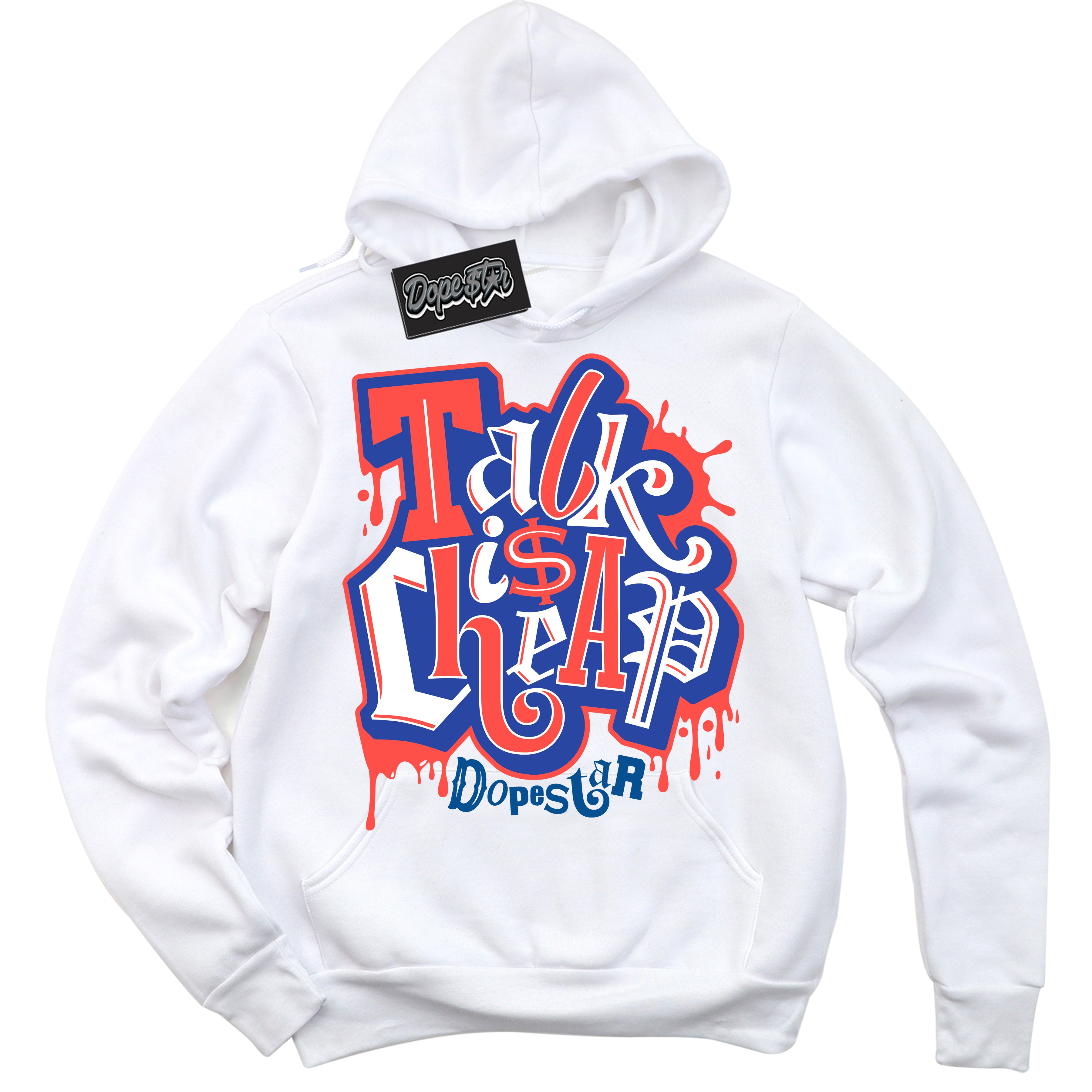 Cool White Hoodie with “ Talk Is Cheap '' design that Perfectly Matches  Ultramarine 180s Sneakers.