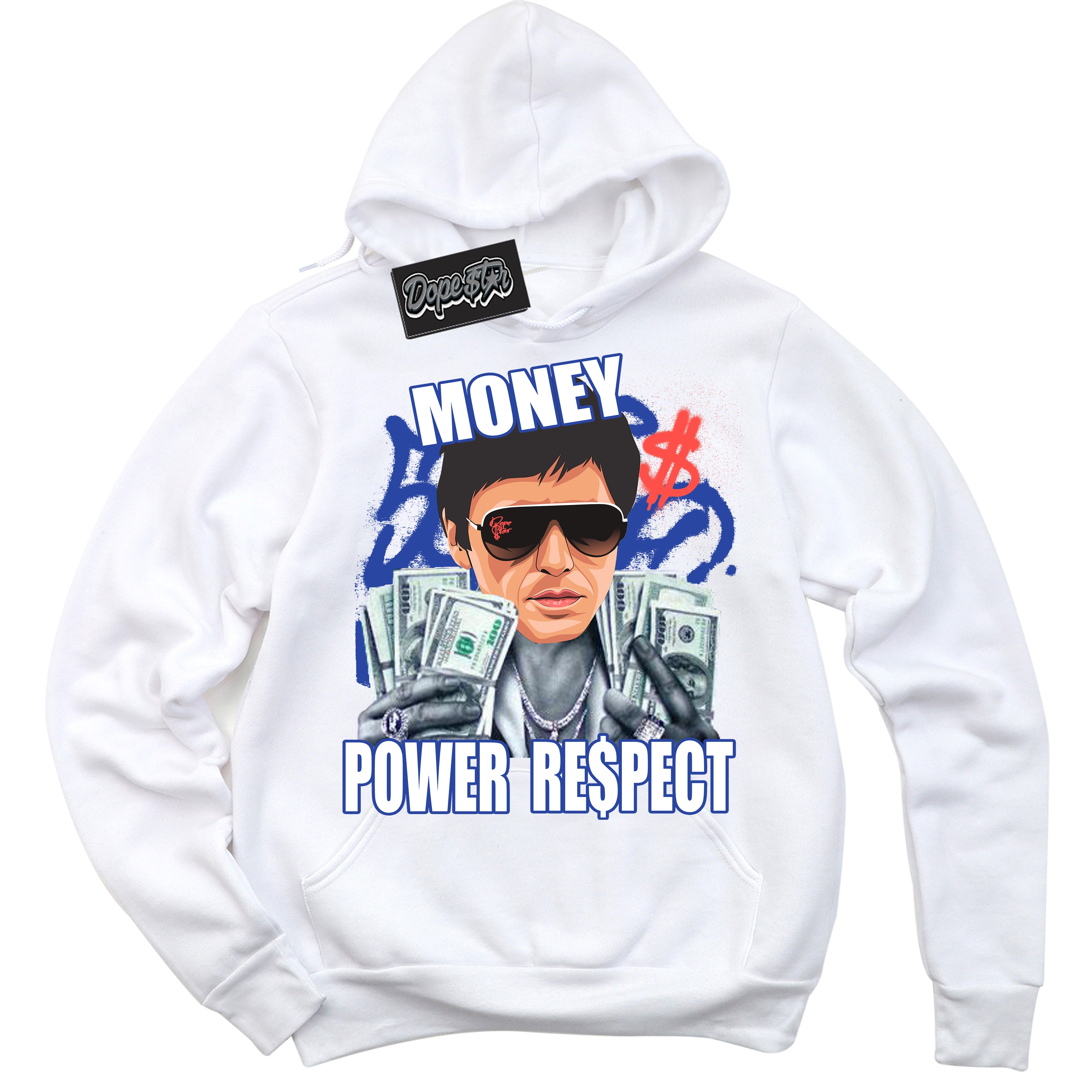 Cool White Hoodie with “ Tony Montana '' design that Perfectly Matches  Ultramarine 180s Sneakers.